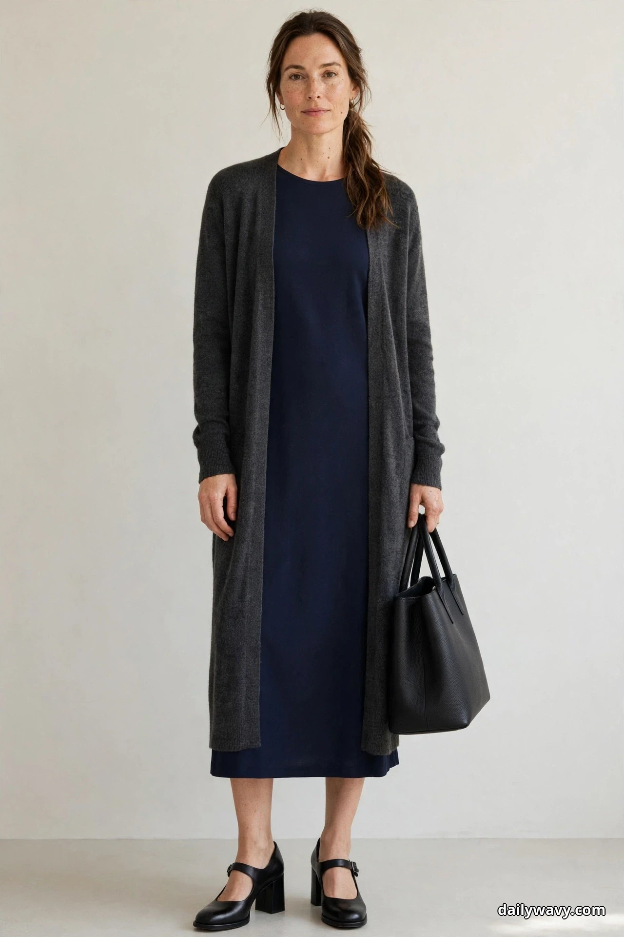 A woman stands full length against a plain wall wearing a long charcoal fine-knit cardigan worn open over a navy plain midi dress, with black block-heel Mary Janes and a structured black tote