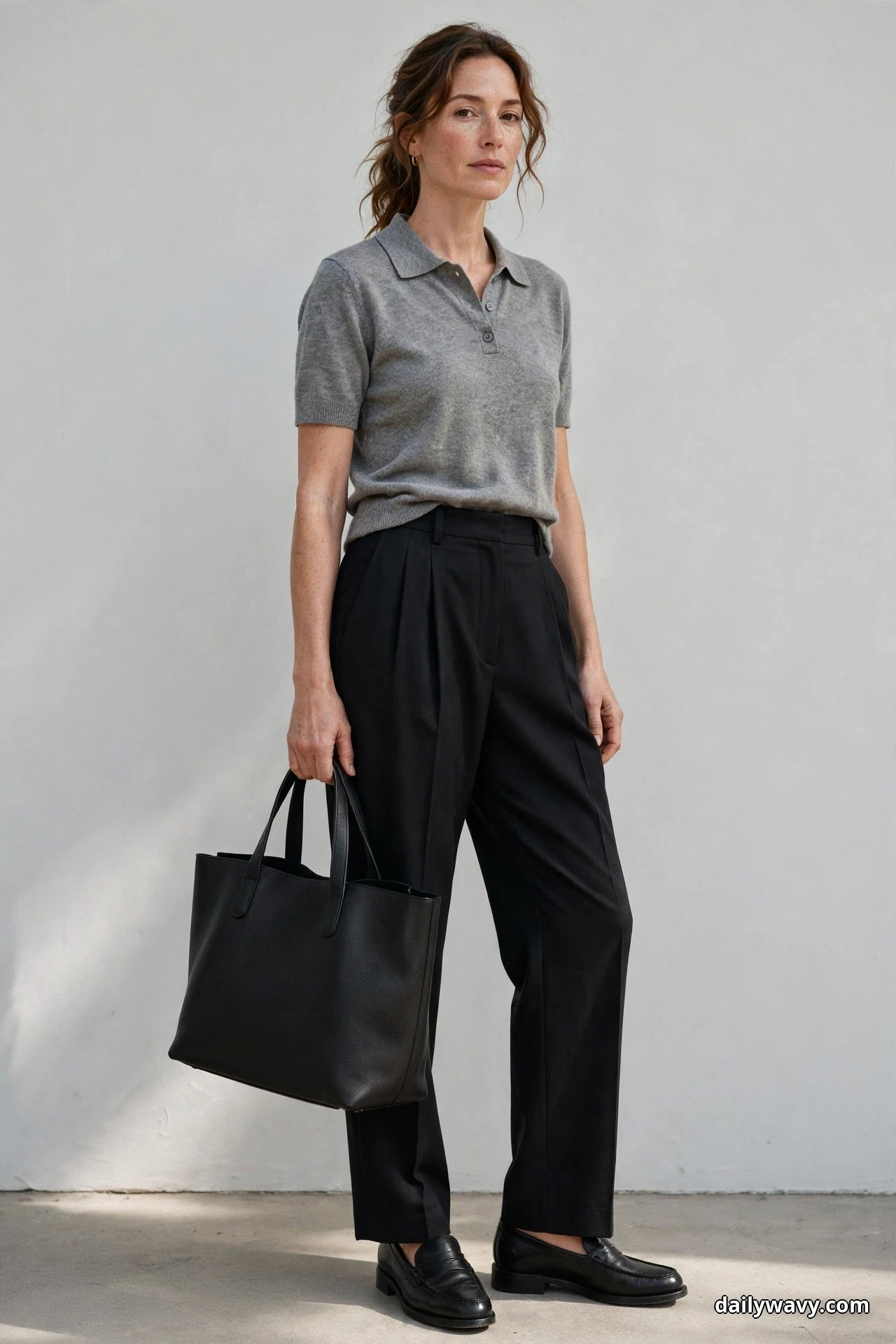 A woman stands full length against a plain wall wearing a gray short-sleeve knit polo tucked into high-waist black pleated trousers, with black leather loafers and a structured black tote