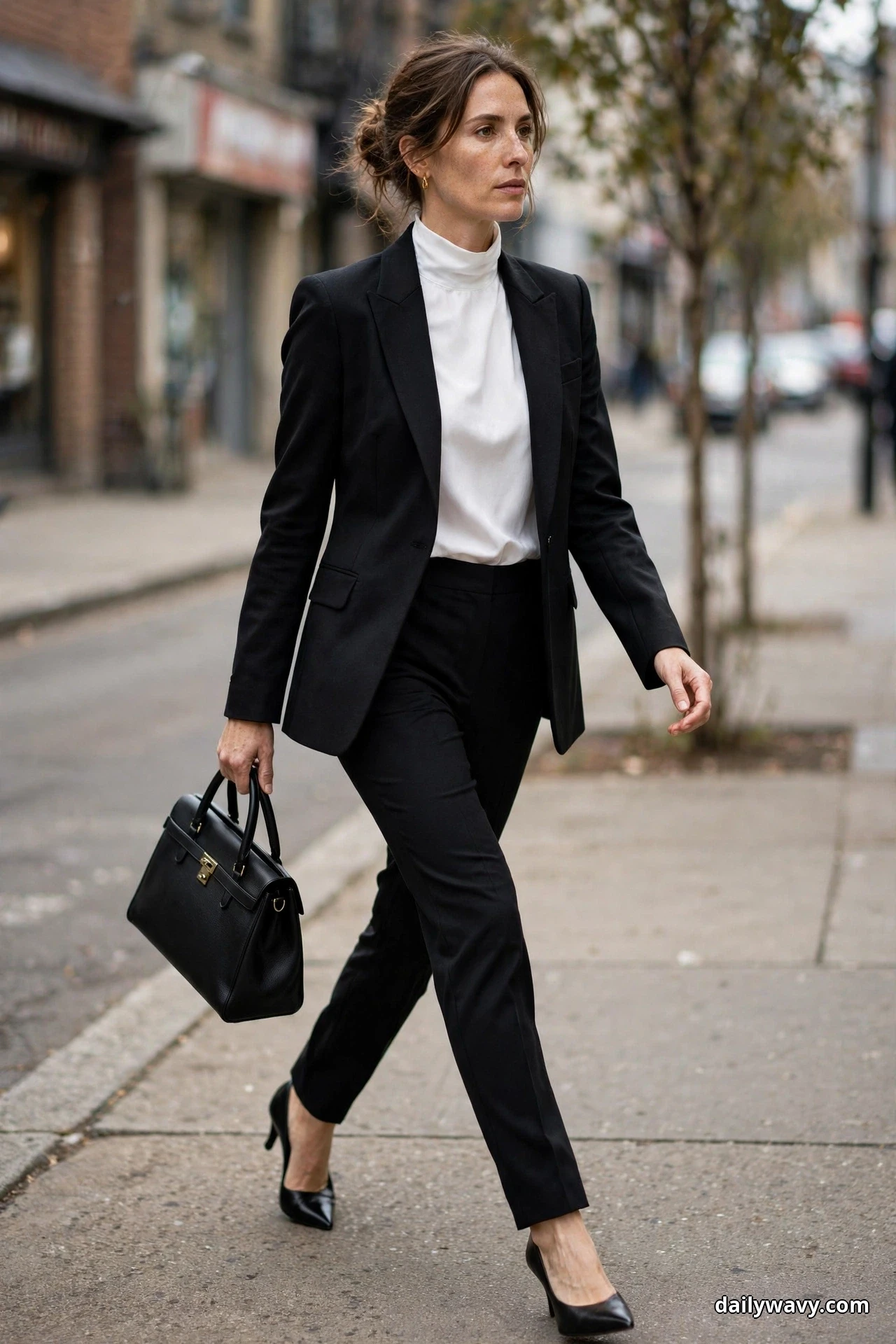 A woman walks along a city sidewalk wearing a black structured blazer over a white high-neck blouse with black tailored trousers, black pointed pumps and a black top-handle bag