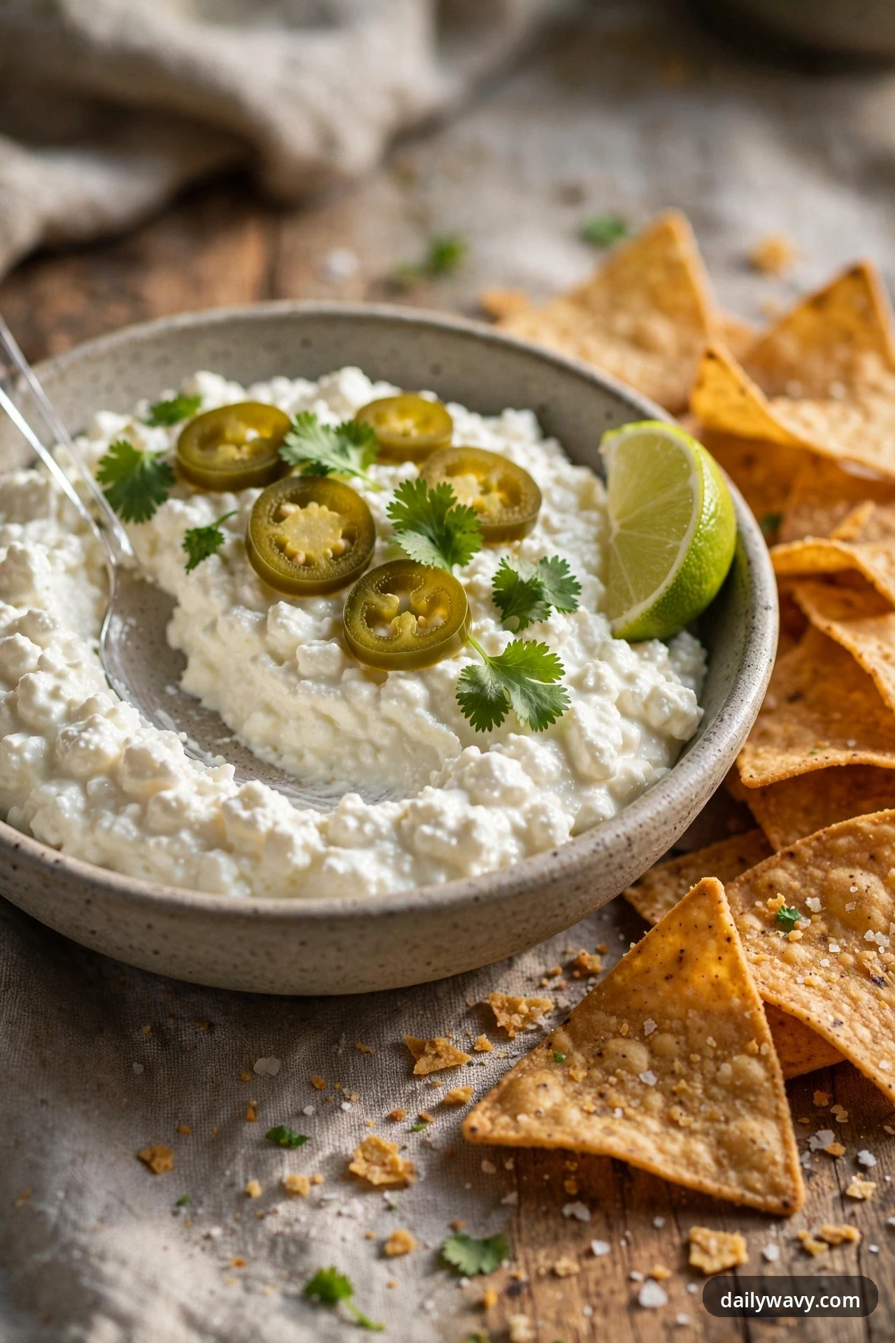 A bowl of cottage cheese dip is topped with pickled jalapeño slices and cilantro leaves, with a lime wedge resting on the rim and tortilla chips beside it.