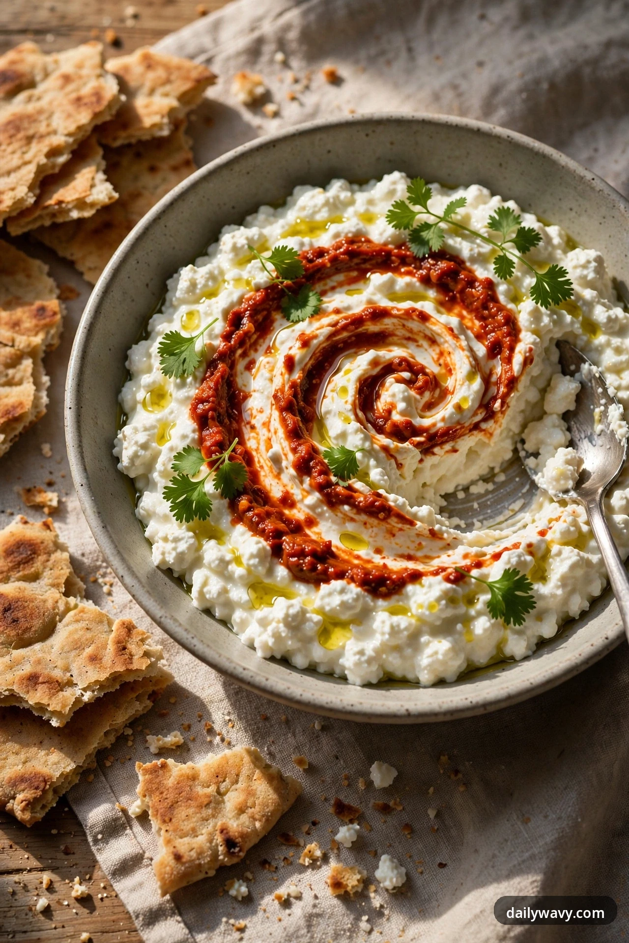 A bowl of cottage cheese dip is swirled with red harissa and drizzled with olive oil, topped with cilantro leaves, with pieces of flatbread beside it.