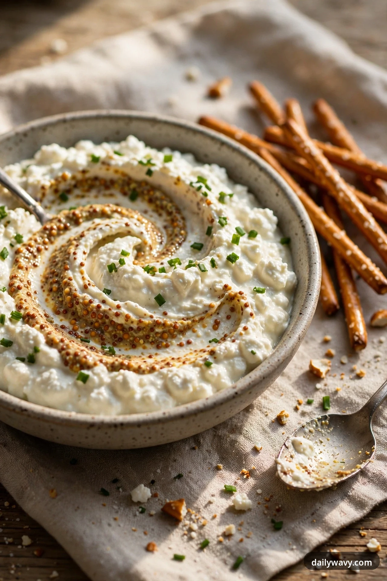 A bowl of cottage cheese dip has a wholegrain mustard swirl spiraled across the top and snipped chives scattered over it, with pretzel sticks beside it.