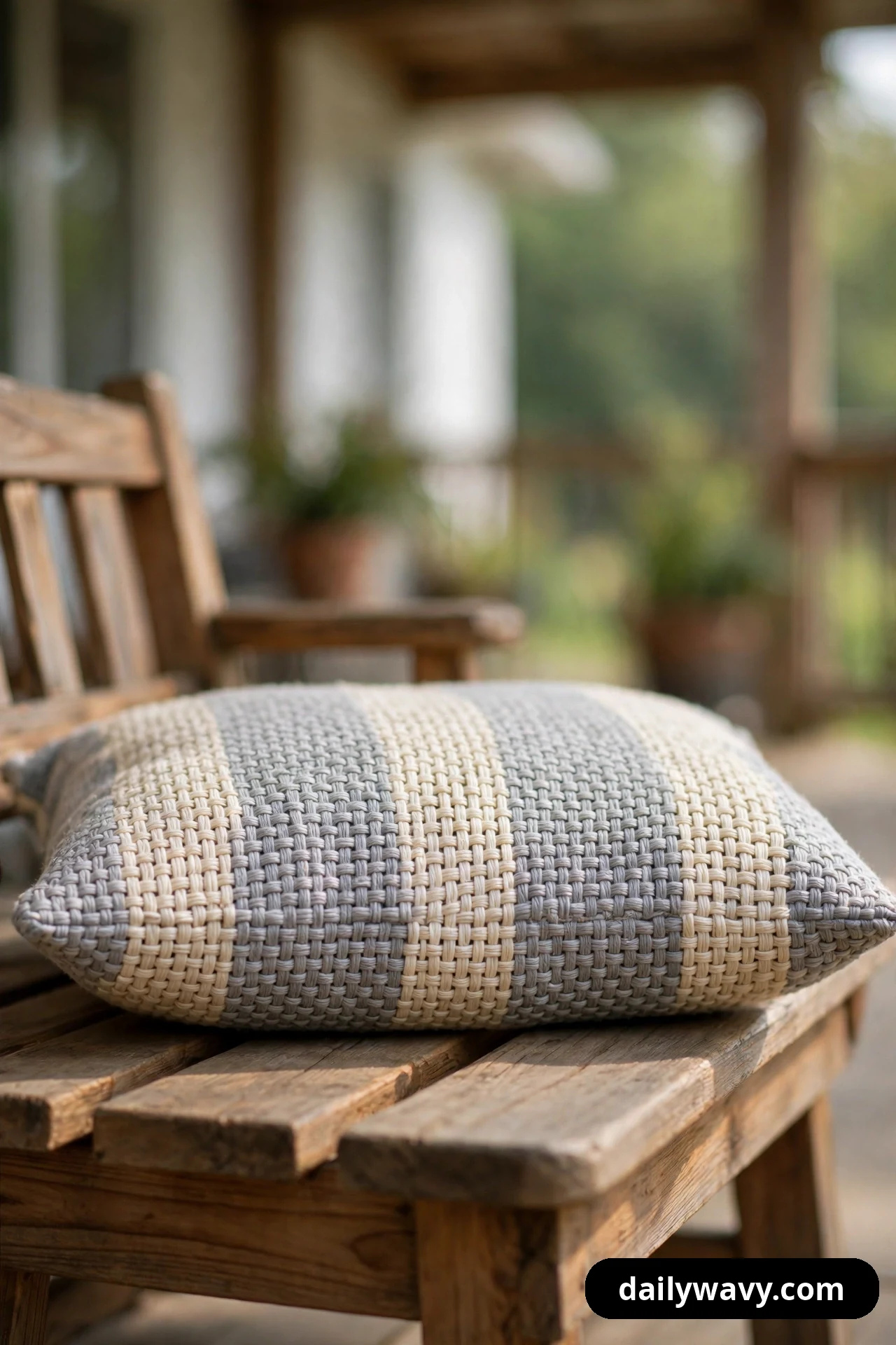 A closer view shows a woven outdoor cushion with gray and cream stripes resting on the slatted wooden seat of a porch bench.