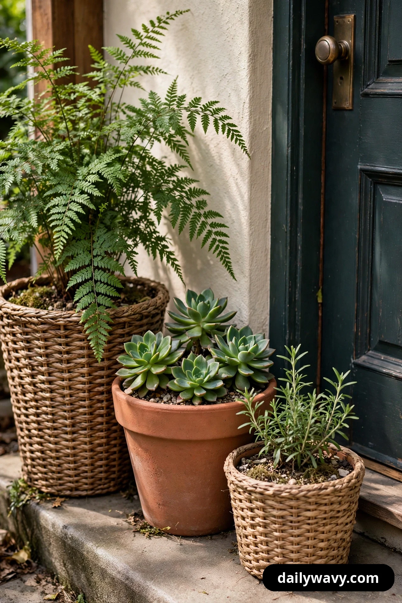 Three planters cluster beside a dark green front door, with a tall woven basket holding a fern, a terracotta pot holding succulents, and a small woven basket holding a young herb plant.