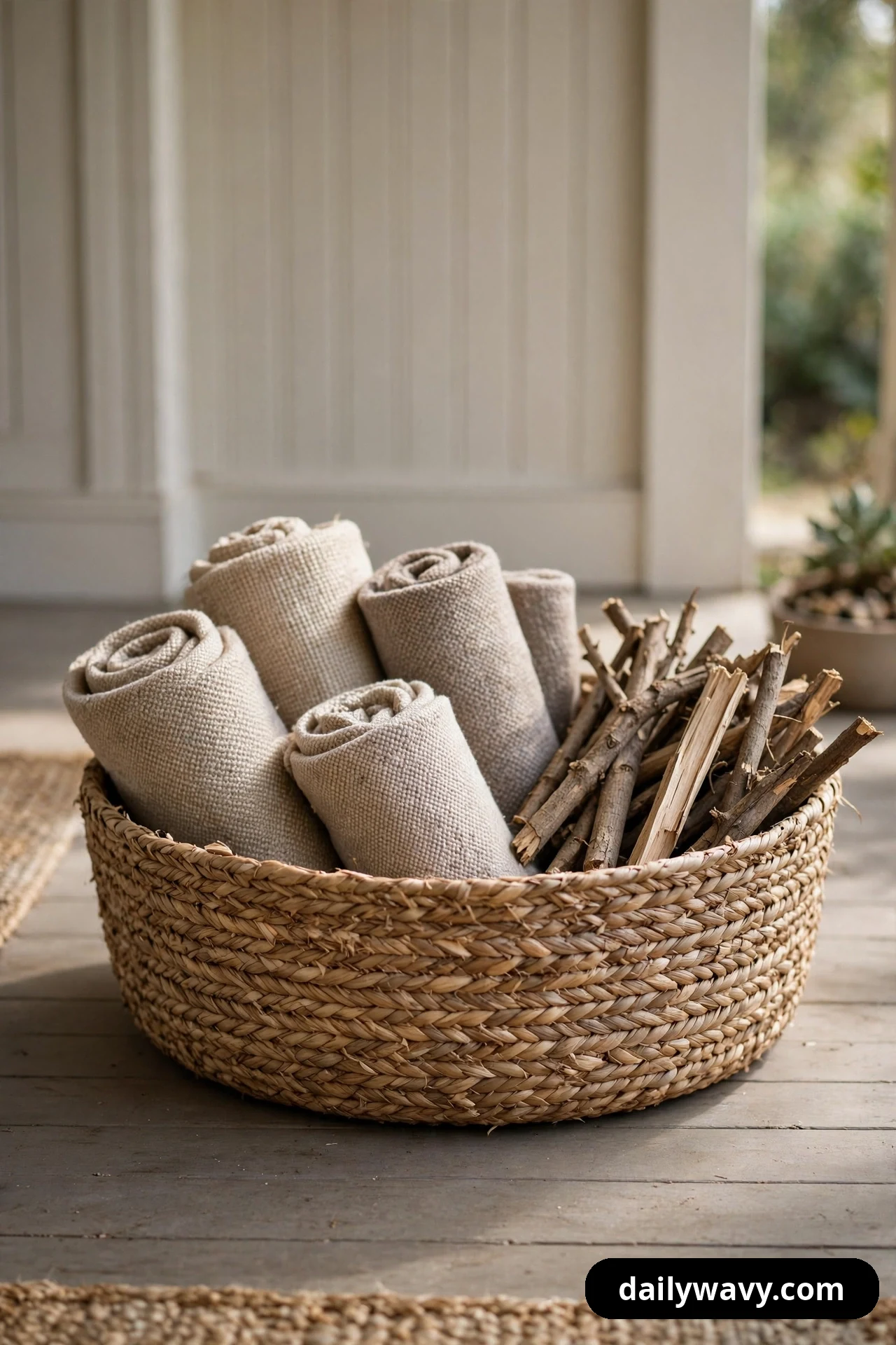 A low woven seagrass basket sits on a wooden porch floor holding rolled beige outdoor mats beside a bundle of kindling sticks.