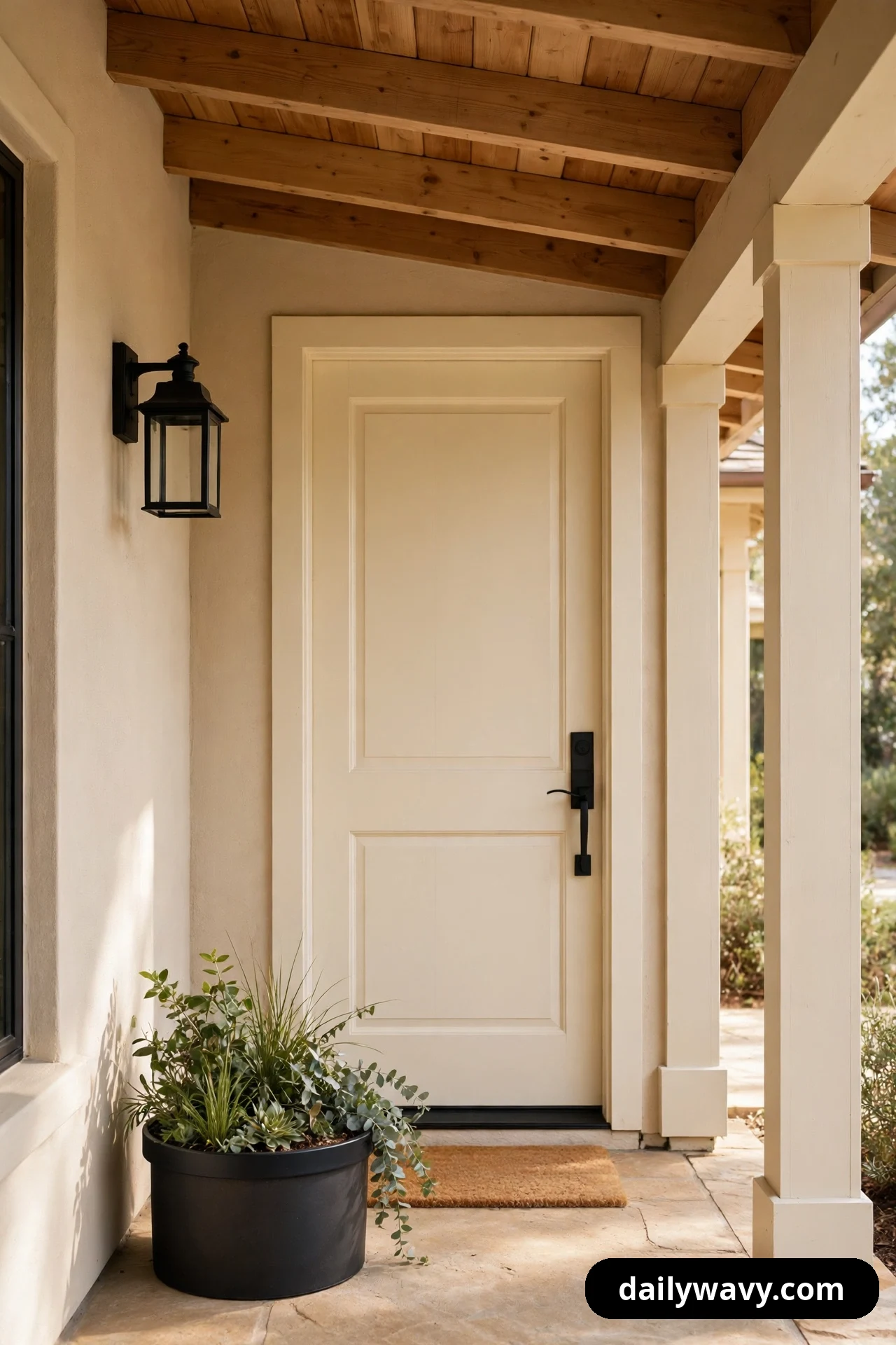 A matte black lantern sconce and a matching black door handle frame a cream front door, with a black planter of greenery resting on the porch floor below.