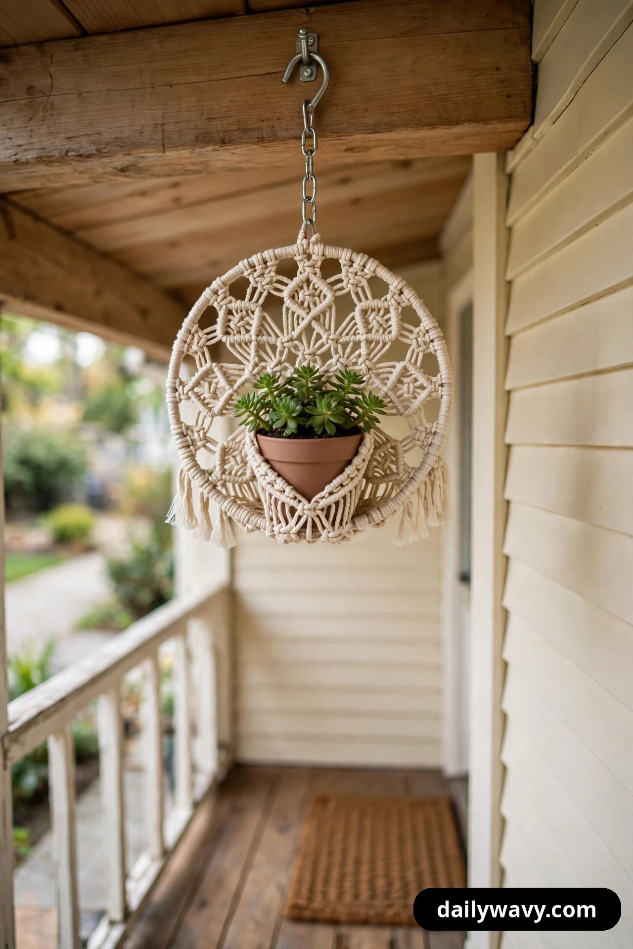 A macramé hanging planter holding a small potted succulent hangs from a chain and a metal hook screwed into a wooden porch ceiling beam.