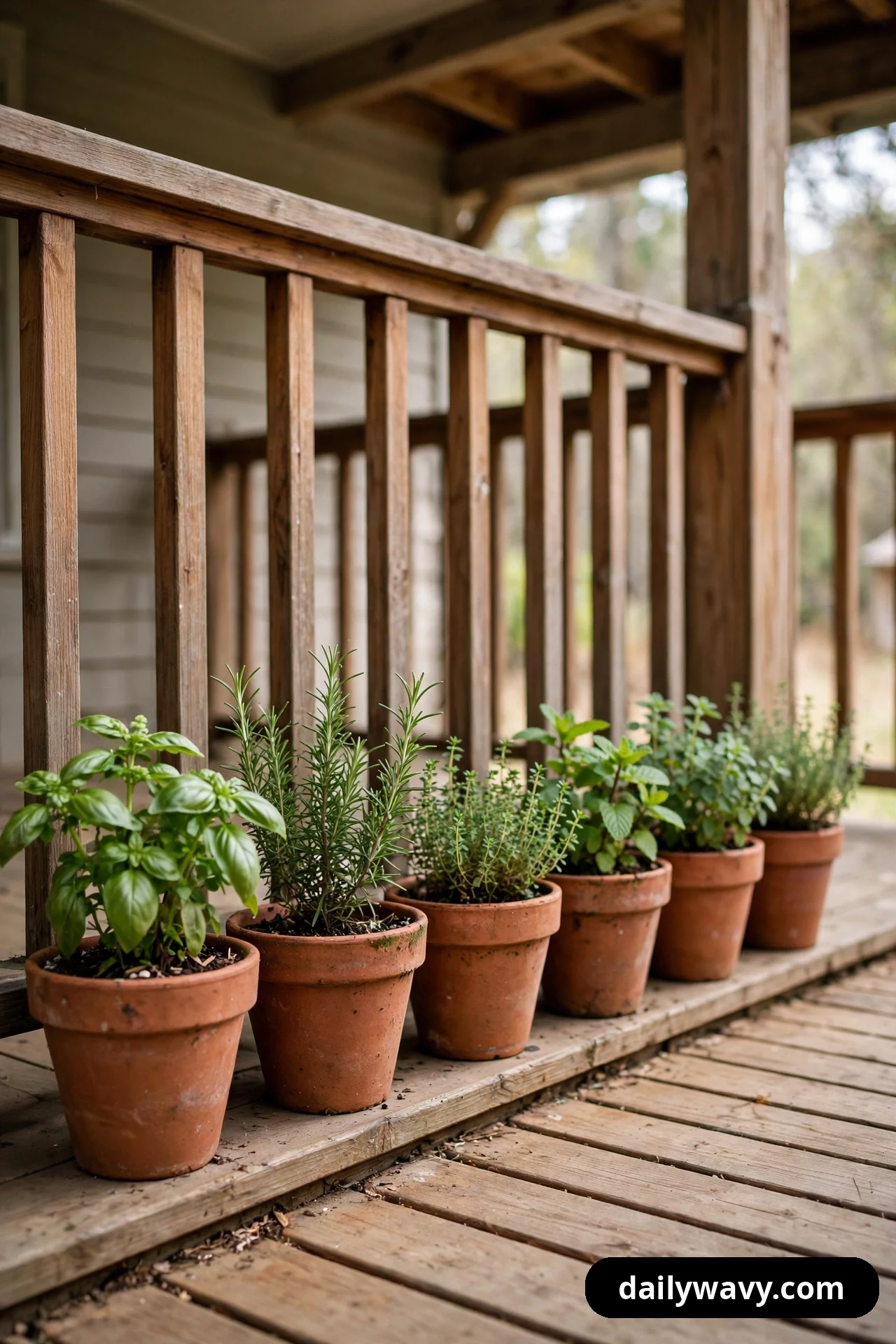 Six small terracotta pots planted with herbs stand in a neat row along the base of a wooden porch railing.