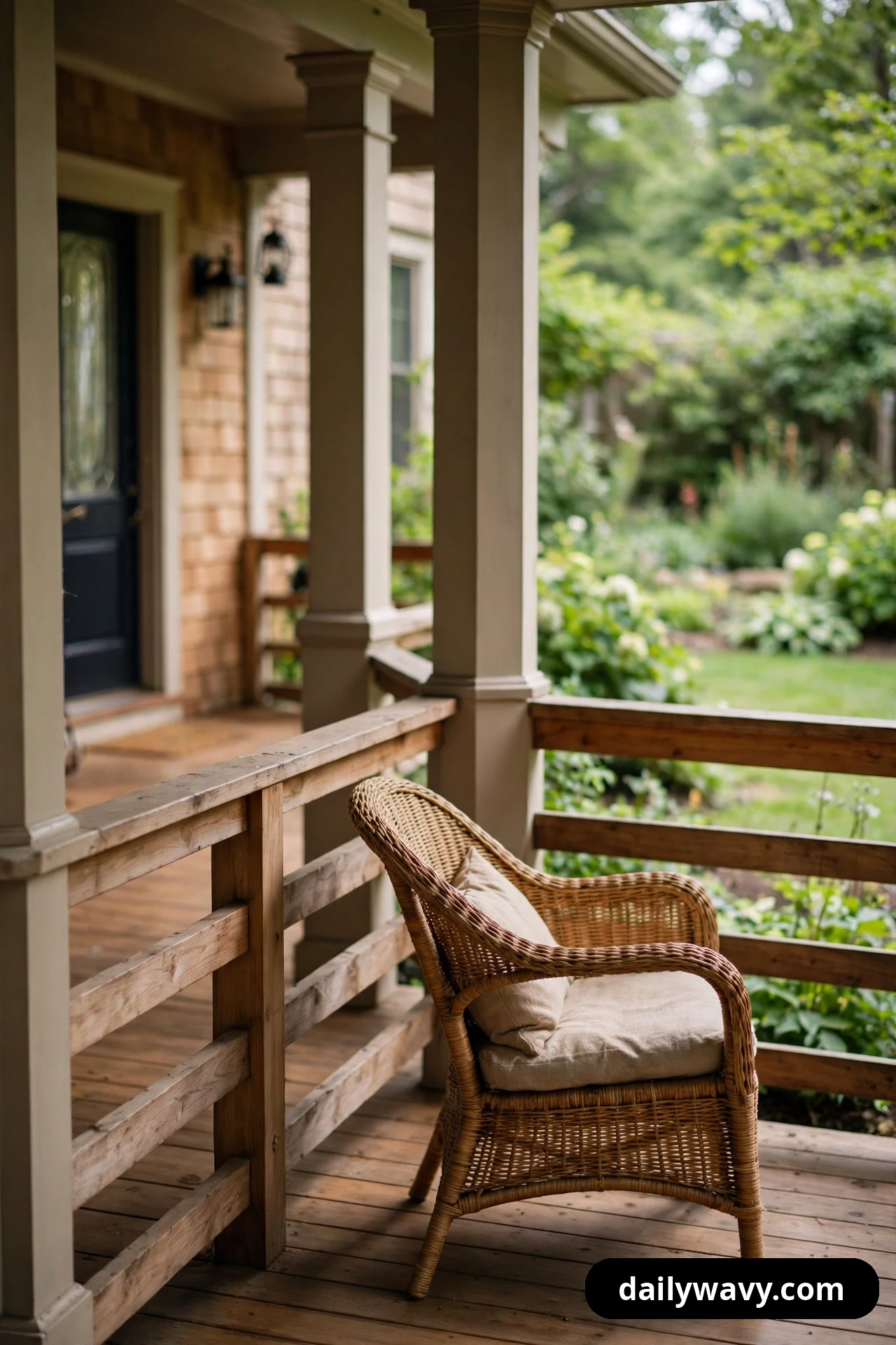 A woven wicker armchair with a cream seat cushion sits angled toward the garden beside the railing of a covered porch.