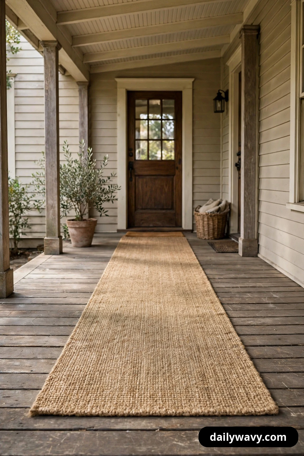 A long textured natural-fiber runner rug runs down the center of a wooden covered porch toward a dark wood front door.
