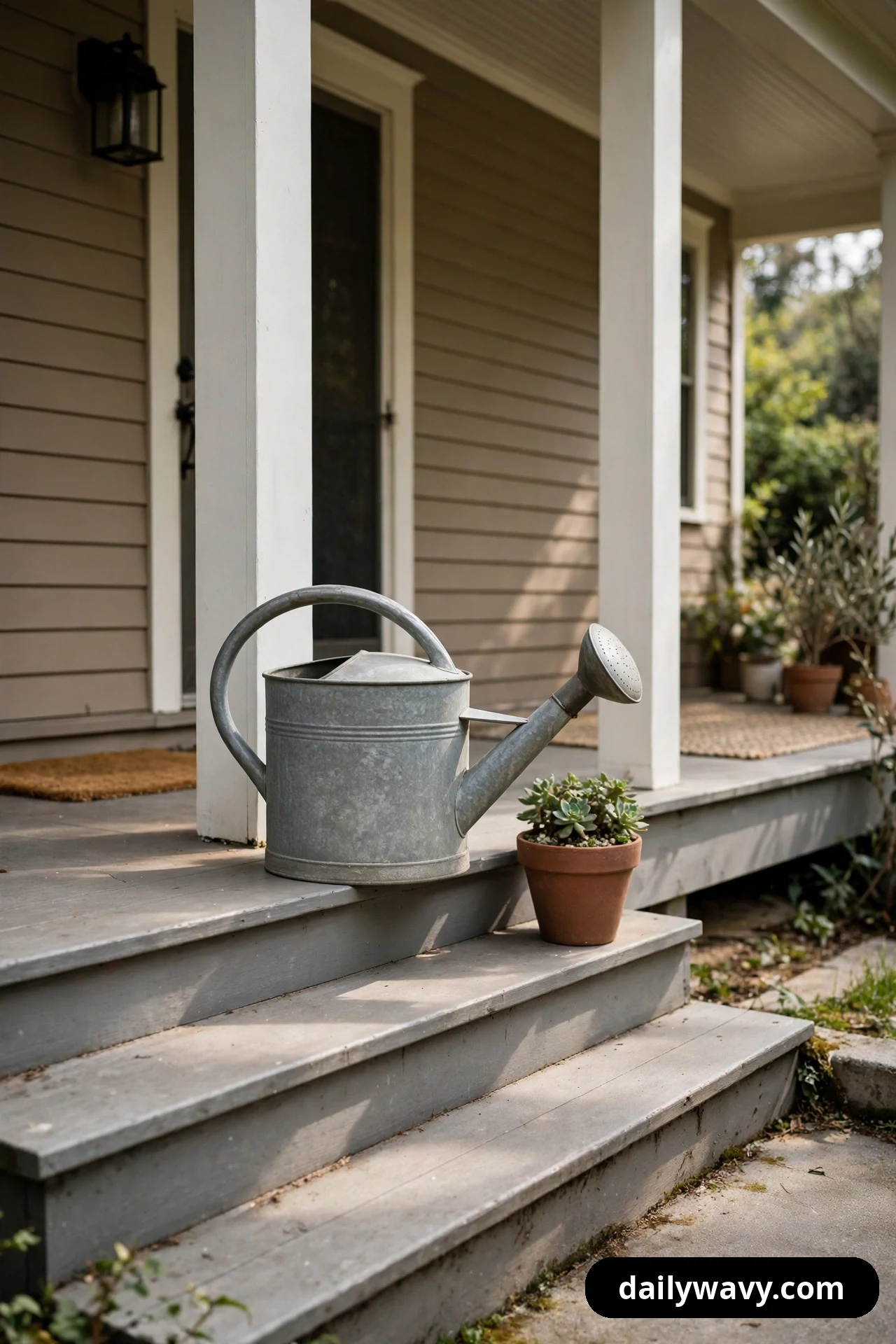 A galvanized metal watering can stands on a covered porch step beside a small terracotta pot planted with succulents.