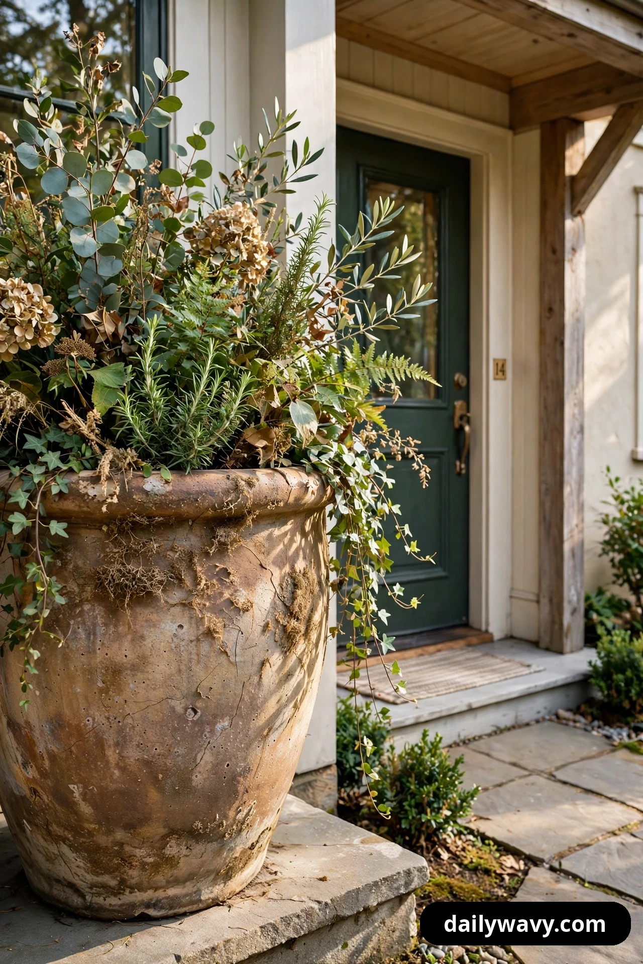 A large weathered terracotta planter filled with mixed seasonal foliage and trailing ivy stands on a stone step beside a dark green front door.