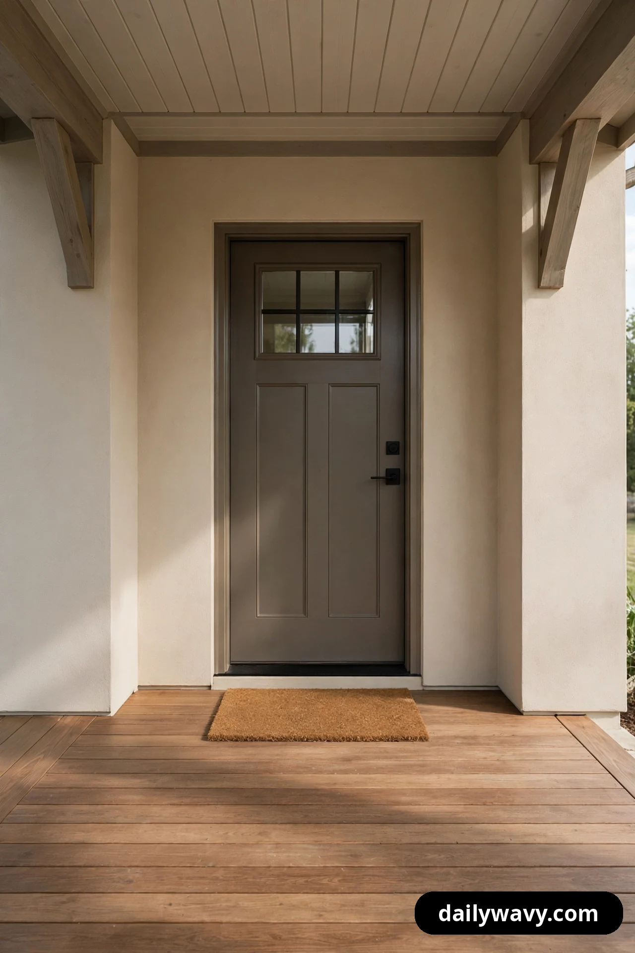 A clear wooden porch landing stays empty except for a single coir doormat centered in front of a gray front door.