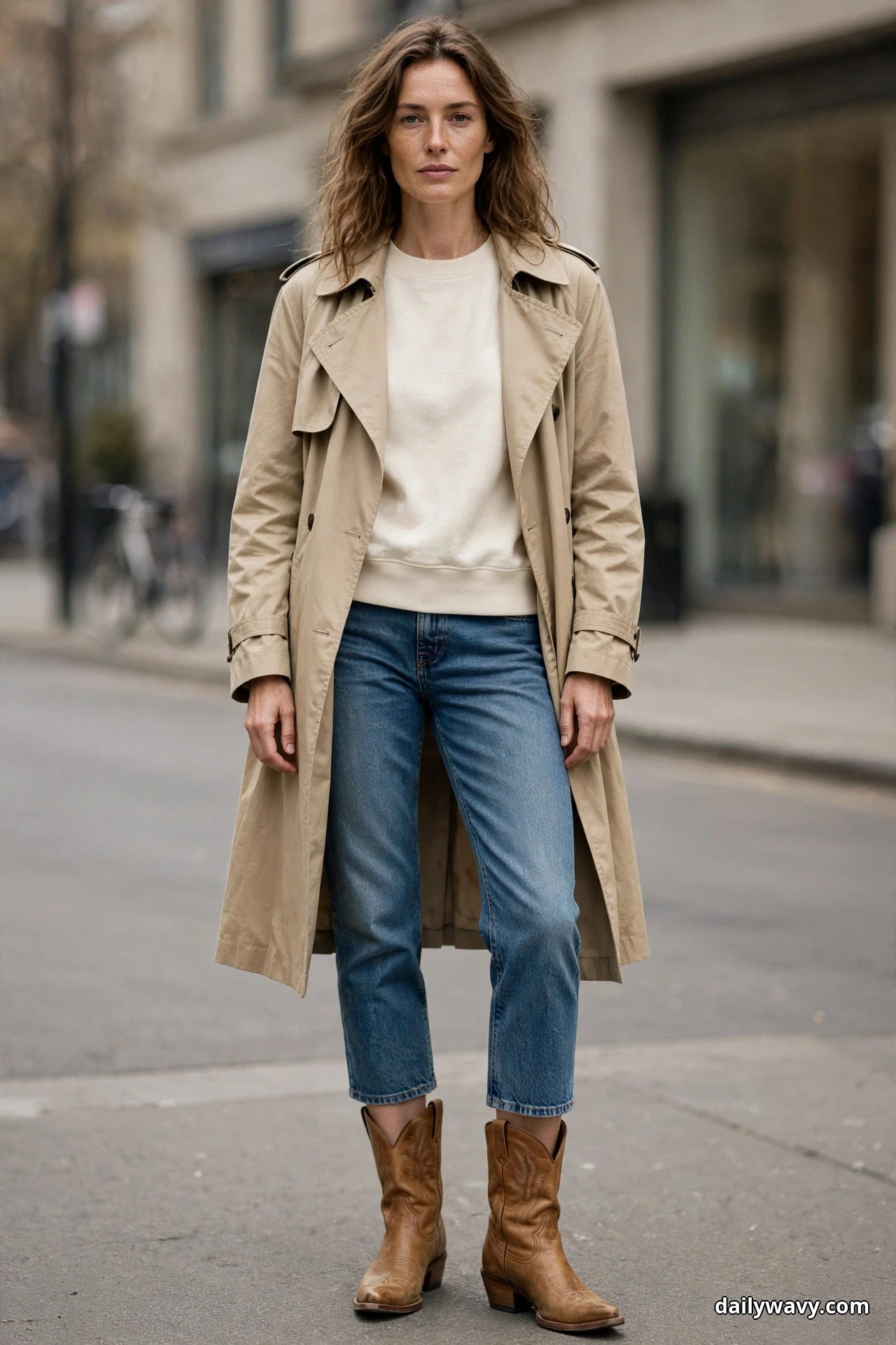 A woman wearing cropped medium-wash jeans, a cream sweatshirt and an open beige trench coat stands full length on a city street with tan cowboy boots showing fully below the cropped hems