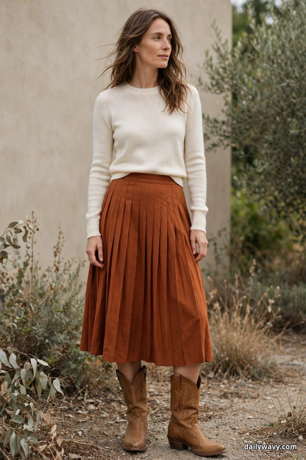 A woman wearing a rust pleated midi skirt and a compact cream crewneck sweater stands outdoors with tan cowboy boots showing below the skirt hem