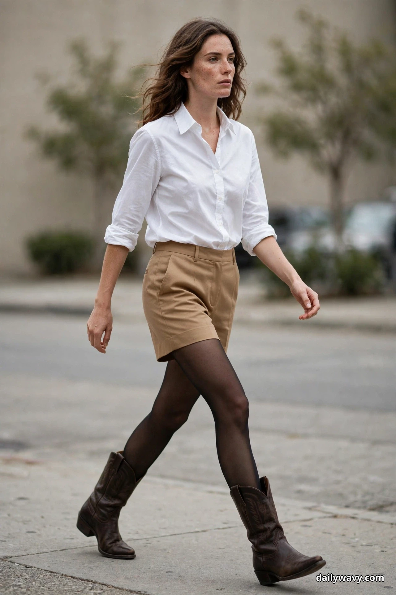 A woman wearing camel tailored shorts, black tights and a white button-down shirt walks along a city sidewalk in dark brown cowboy boots that show in full from hem to toe