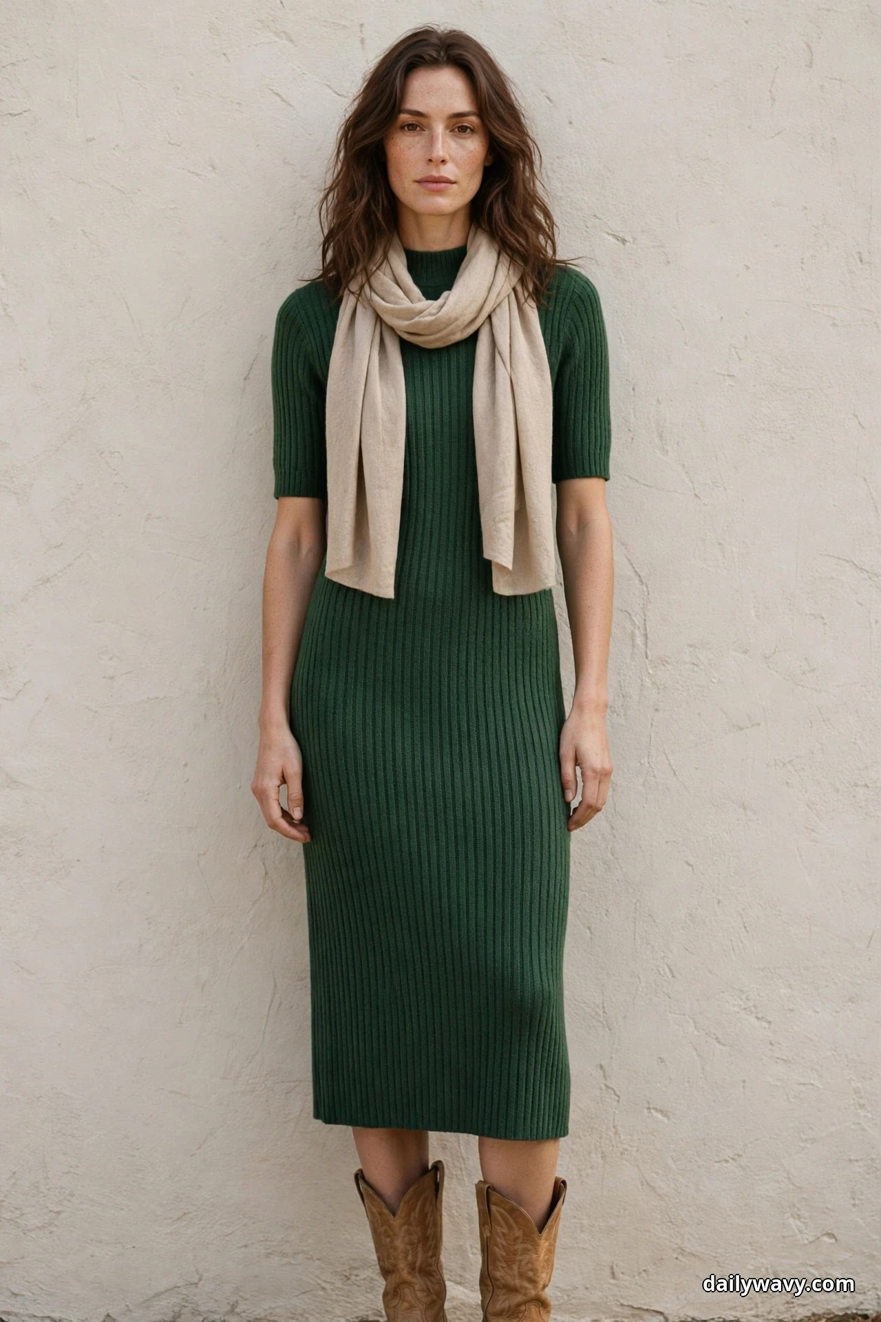 A woman wearing a forest-green ribbed knit midi dress and a soft cream scarf stands against a textured wall, framed so the tan cowboy boots are cut off at the shafts and their feet fall outside the bottom of the frame