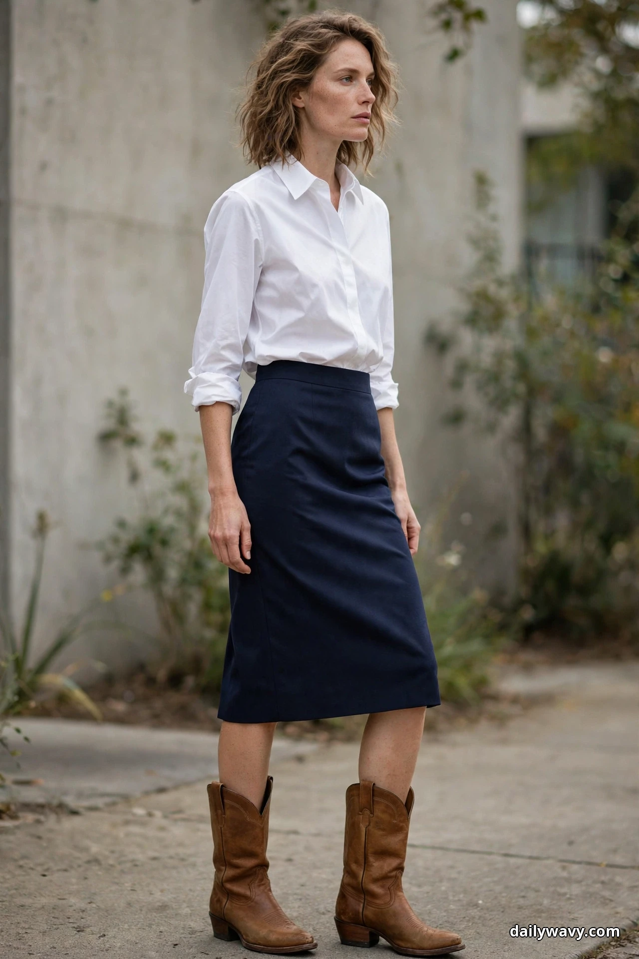 A woman wearing a navy straight midi skirt and a white cotton shirt with rolled sleeves stands on a sidewalk with tan cowboy boots showing fully below the skirt hem