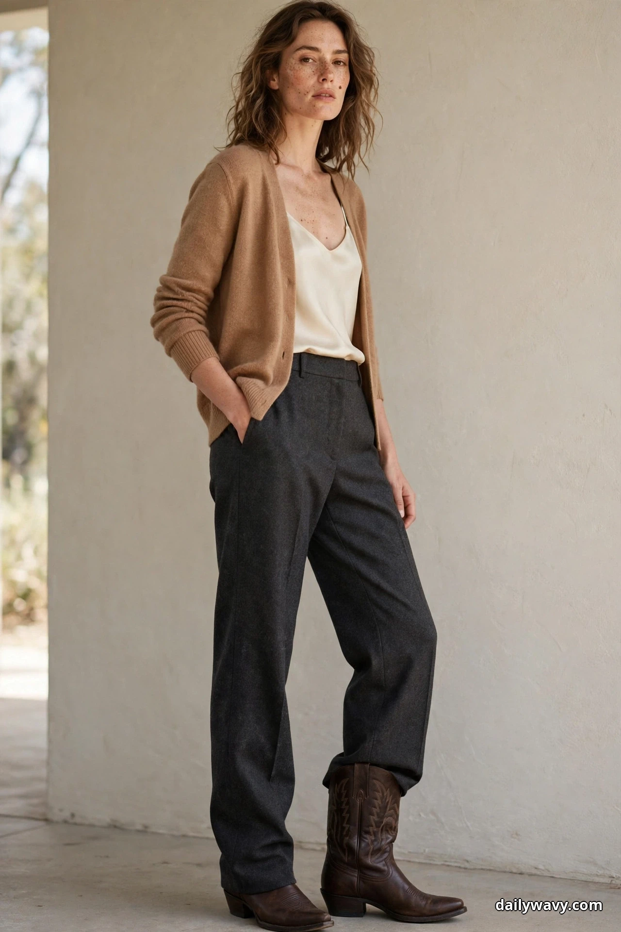 A woman wearing charcoal wool trousers and a camel cardigan open over a cream camisole stands against a plain wall with one dark brown cowboy boot showing in full where the trouser leg rides up and the other trouser leg covering its boot to the toe