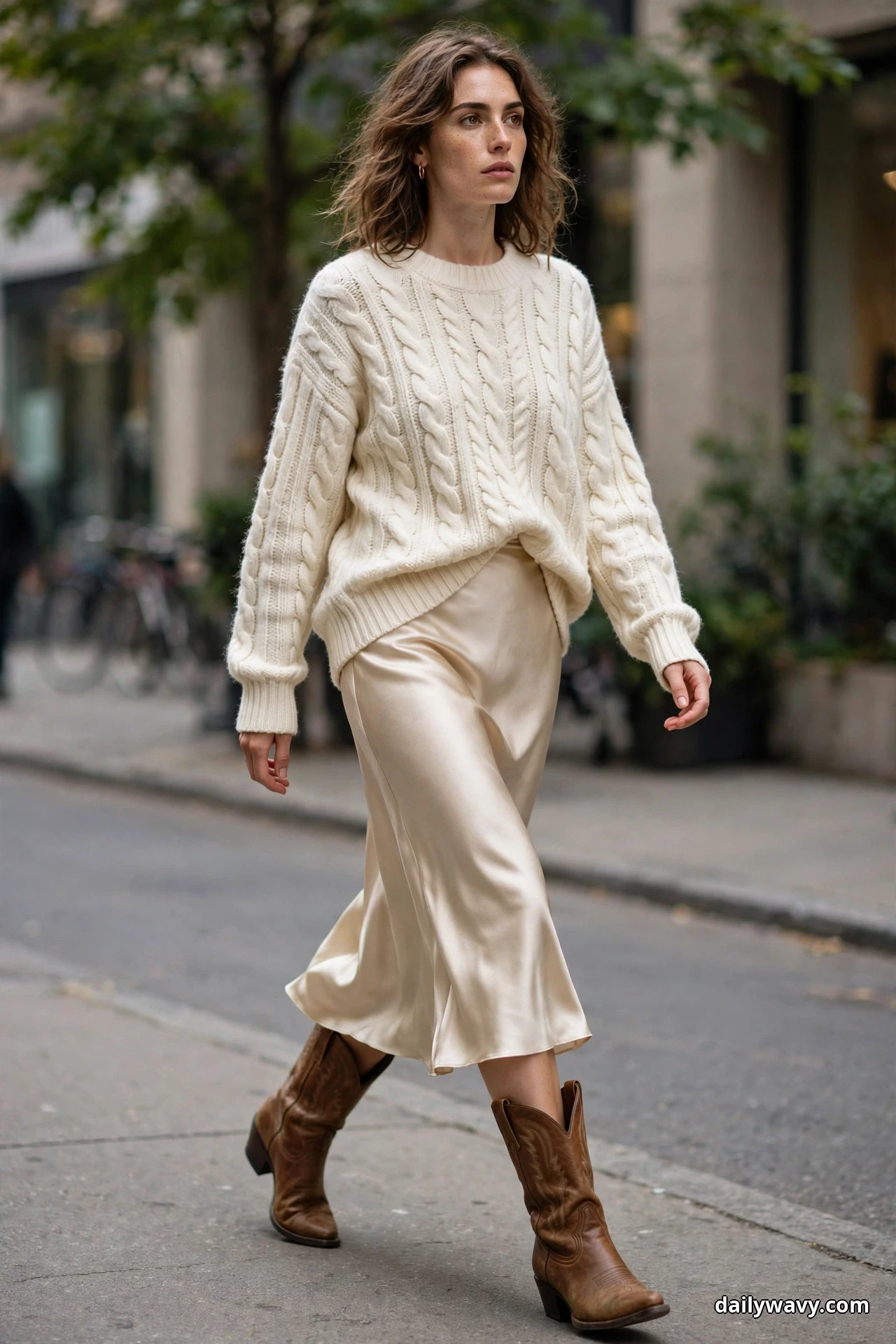 A woman wearing a cream cable-knit sweater and a champagne satin slip midi skirt walks along a city street with brown cowboy boots showing fully below the skirt hem