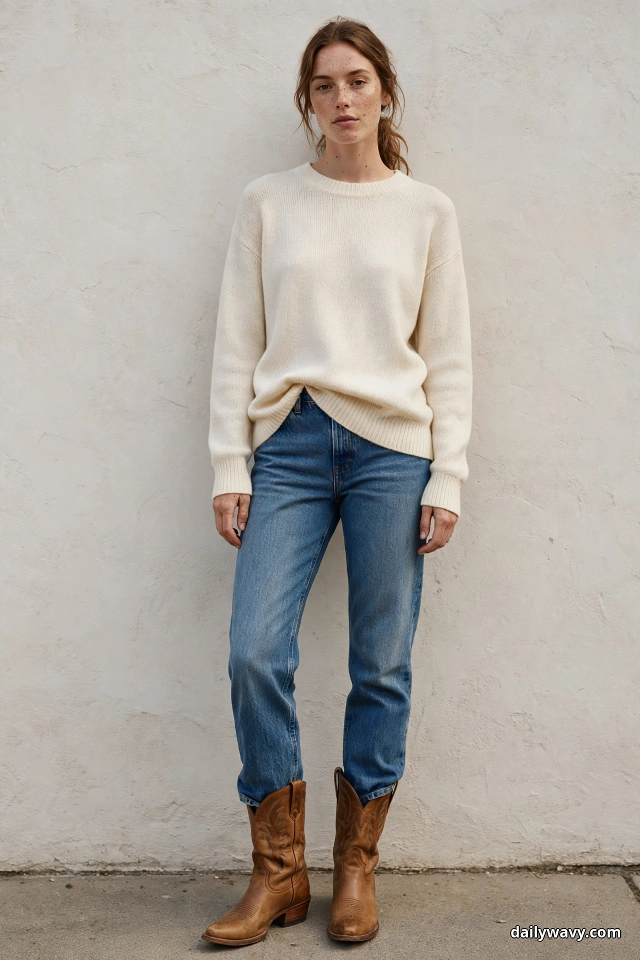 A woman wearing straight medium-wash jeans and a relaxed cream crewneck sweater with a front tuck stands against a textured wall with tan cowboy boots showing fully below the jean hems