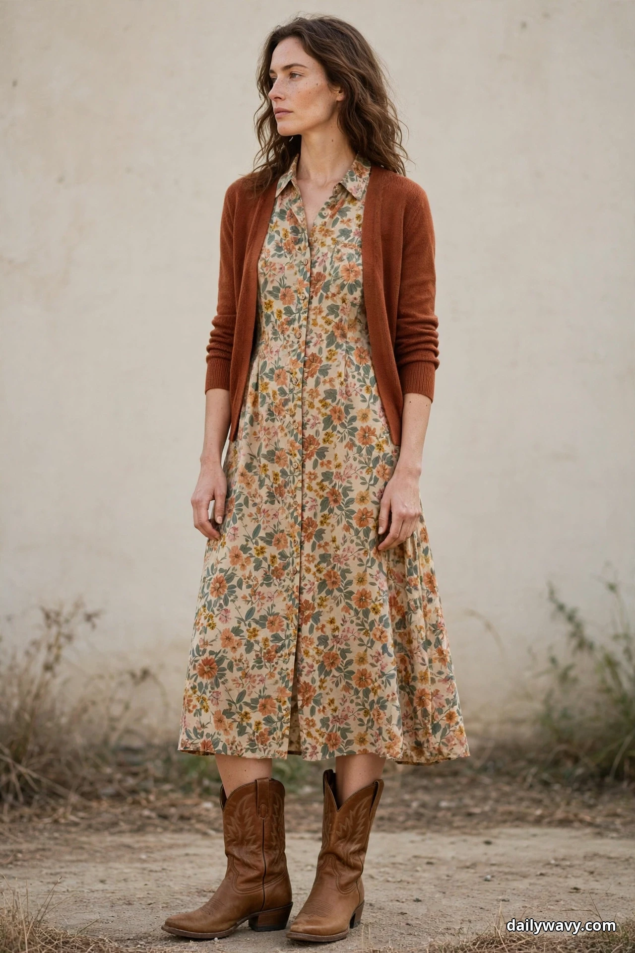 A woman wearing a floral midi shirt dress and a rust fitted cardigan stands outdoors with tan cowboy boots showing fully below the dress hem