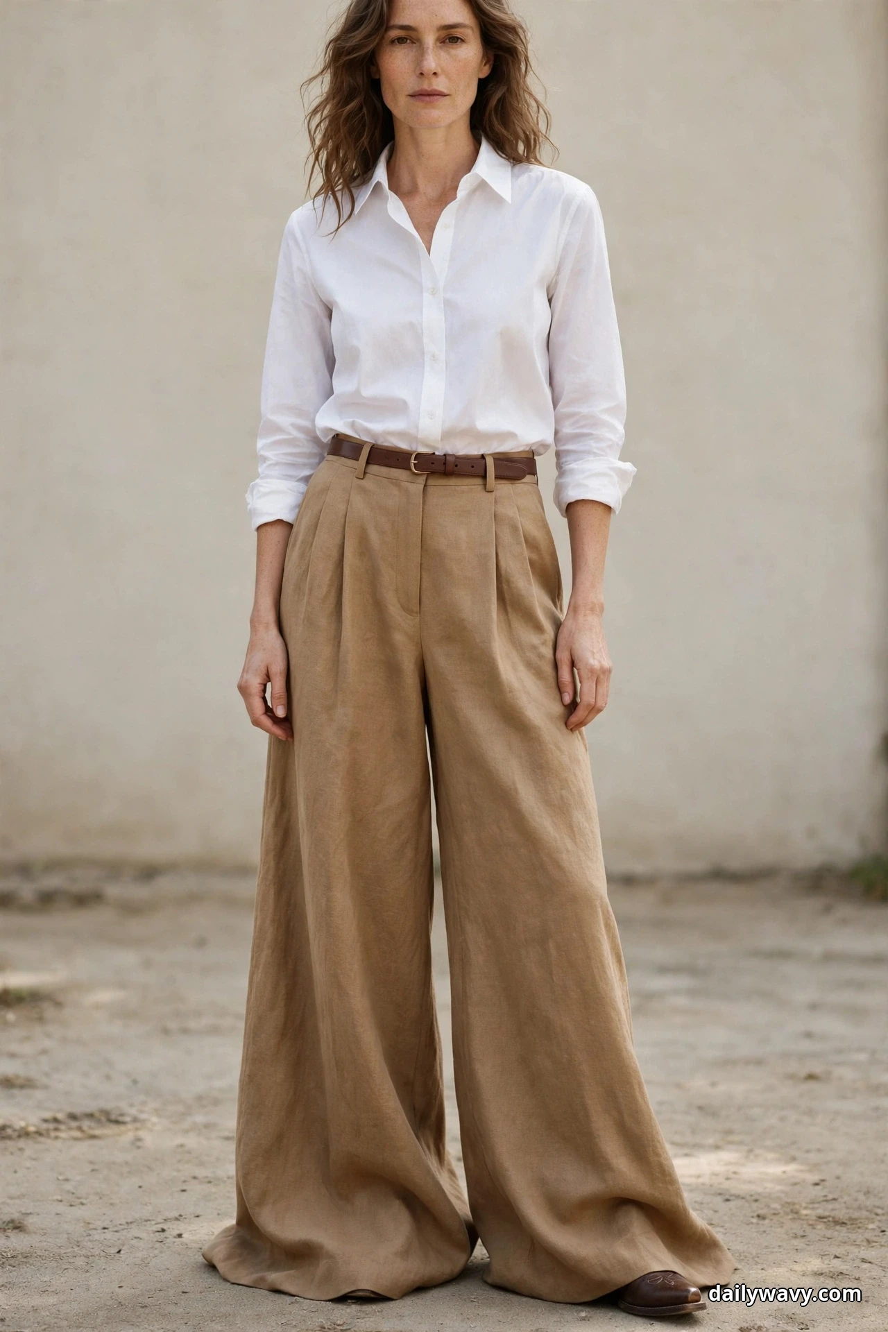 A woman wearing wide-leg tan trousers pooled at the floor and a white shirt tucked in with a brown belt stands against a plain wall with a single dark brown cowboy boot toe peeking out from under the trouser hem
