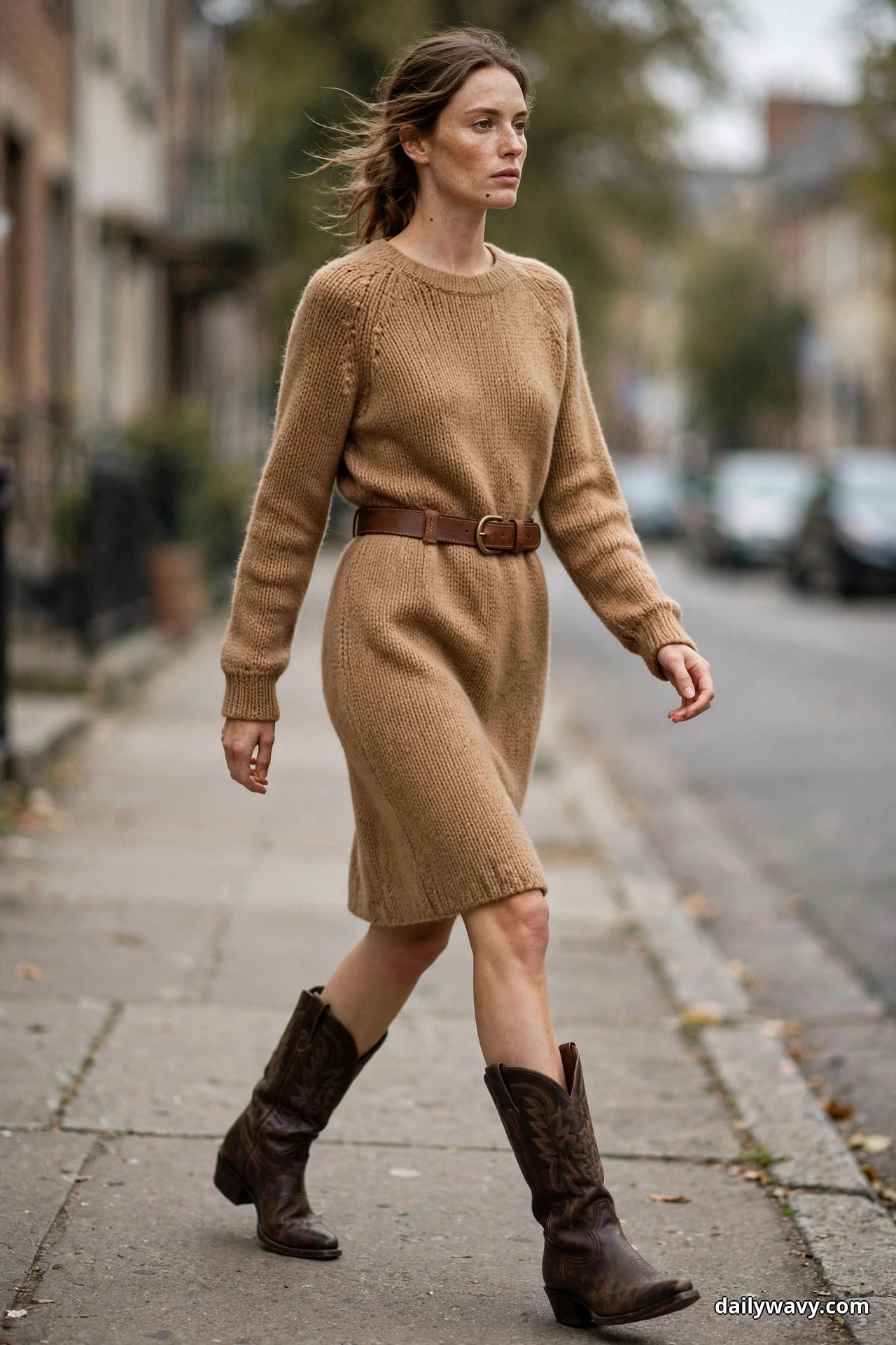 A woman wearing a camel sweater dress belted at the waist with a brown leather belt walks along a city sidewalk in dark brown cowboy boots that show in full