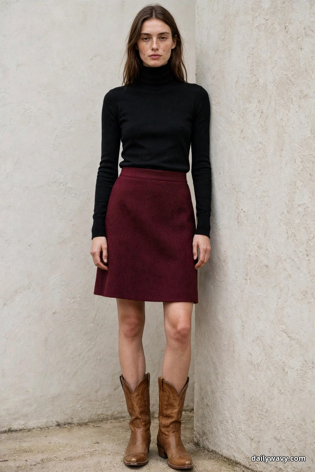 A woman wearing a burgundy A-line skirt above the knee and a fitted black turtleneck stands against a textured wall with tan cowboy boots showing fully below the skirt hem