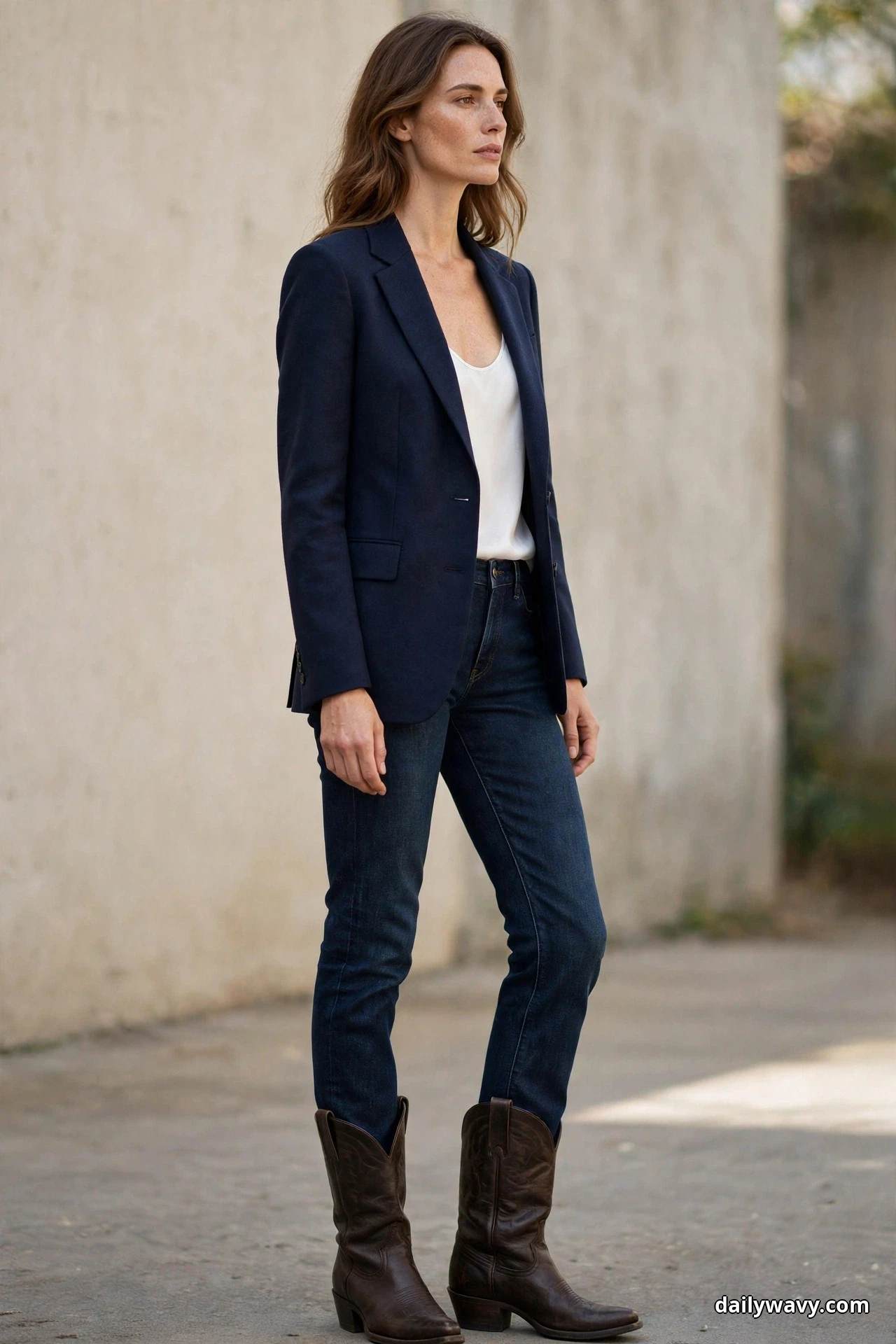 A woman wearing dark slim jeans tucked into dark brown cowboy boots and a navy blazer over a white top stands outdoors with both boots showing in full