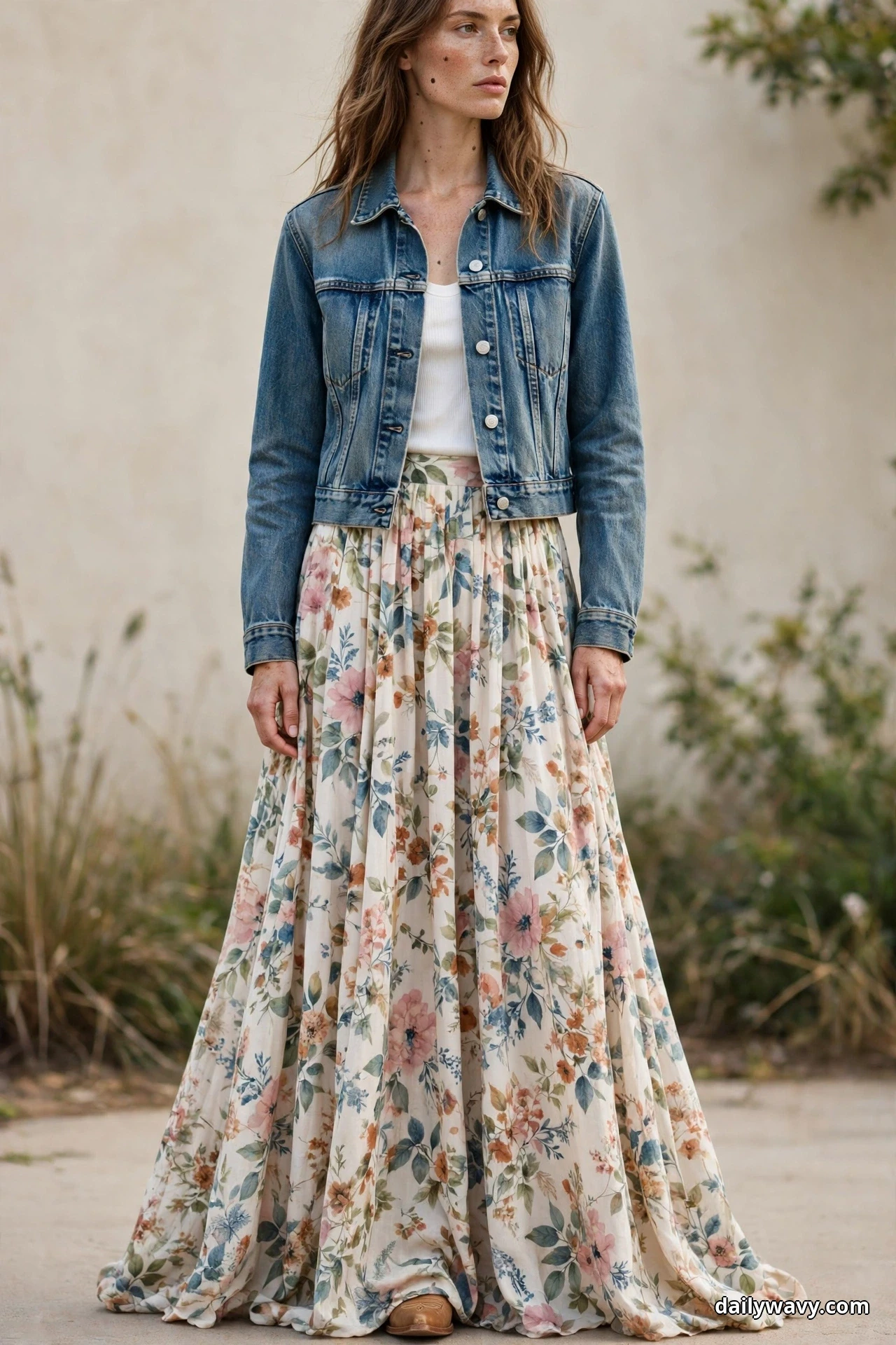 A woman wearing a flowing floral maxi skirt pooled at the floor and a cropped denim jacket stands outdoors with a single tan cowboy boot toe peeking out from under the skirt hem