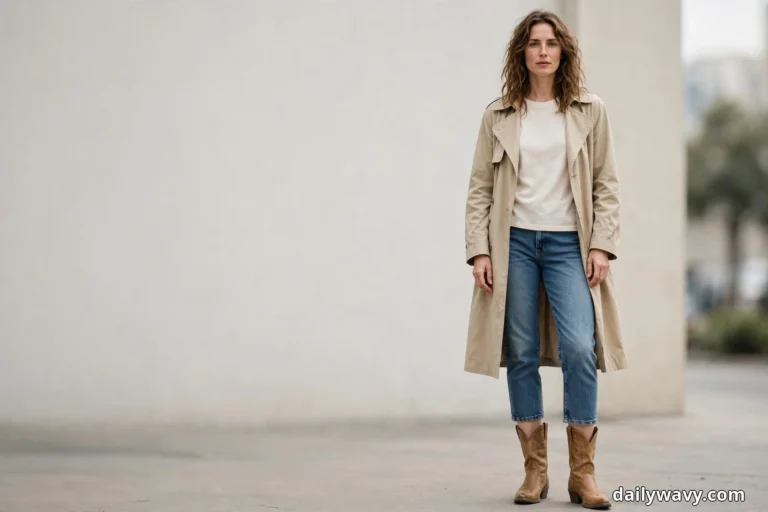 A woman wearing cropped medium-wash jeans, a cream crewneck top and an open beige trench coat stands full length against a plain wall with tan cowboy boots showing fully below the cropped hems
