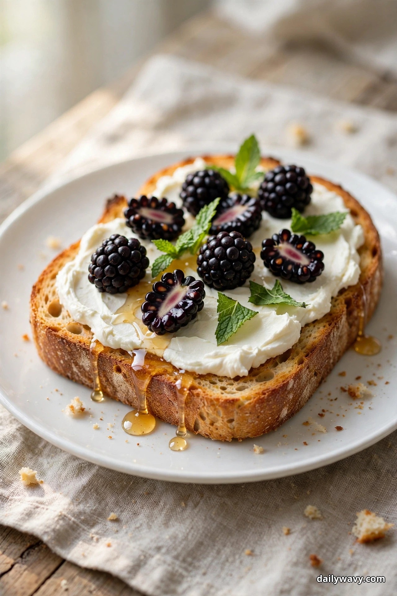 A close view shows a thick slice of sourdough toast spread with cream cheese and topped with whole and halved blackberries and mint leaves, with honey dripping over the crust onto a white plate