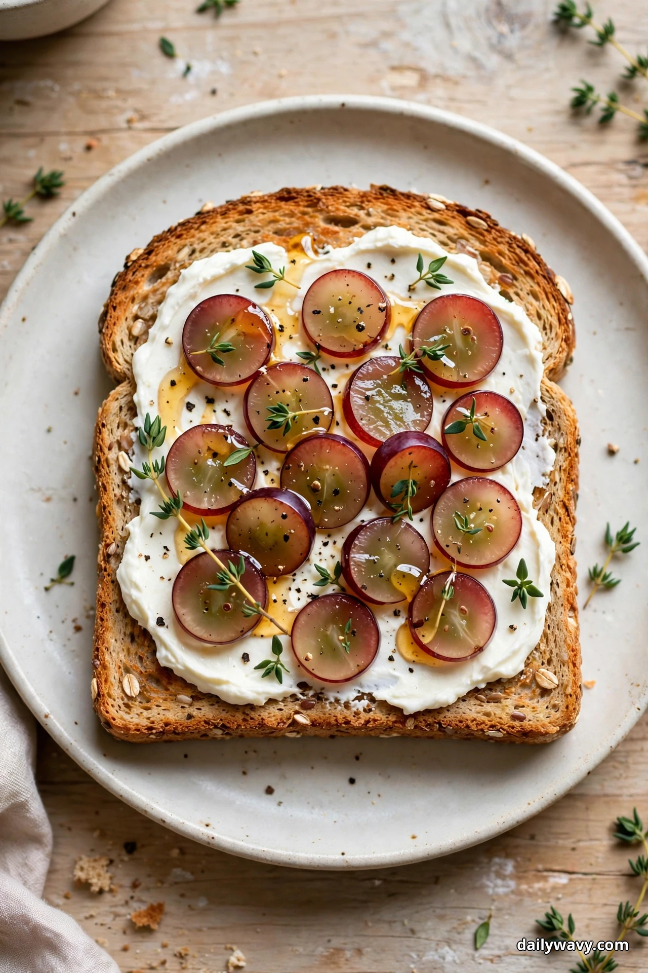 An overhead view shows a slice of whole grain toast spread with cream cheese and covered with sliced red grape coins, fresh thyme sprigs, a honey drizzle and cracked black pepper