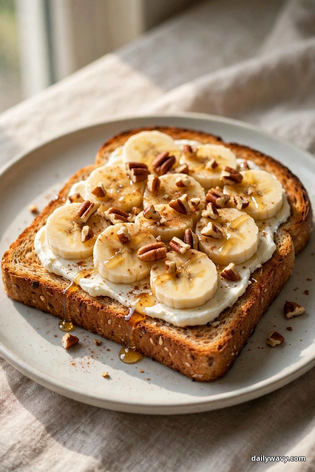 A slice of whole wheat toast spread with cream cheese is topped with banana coins, a dusting of cinnamon, chopped pecans and a honey drizzle