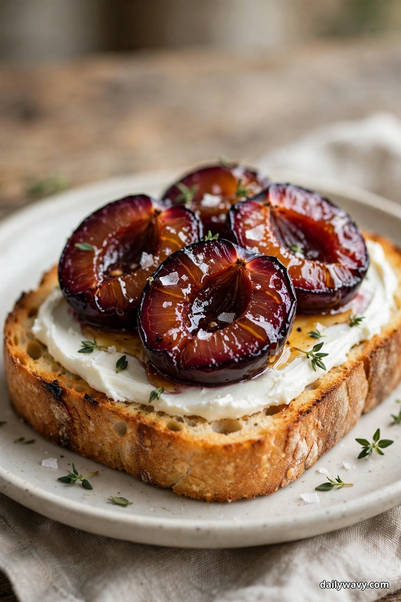 A slice of sourdough toast spread with cream cheese is topped with glossy roasted plum halves, flaky sea salt and small thyme leaves