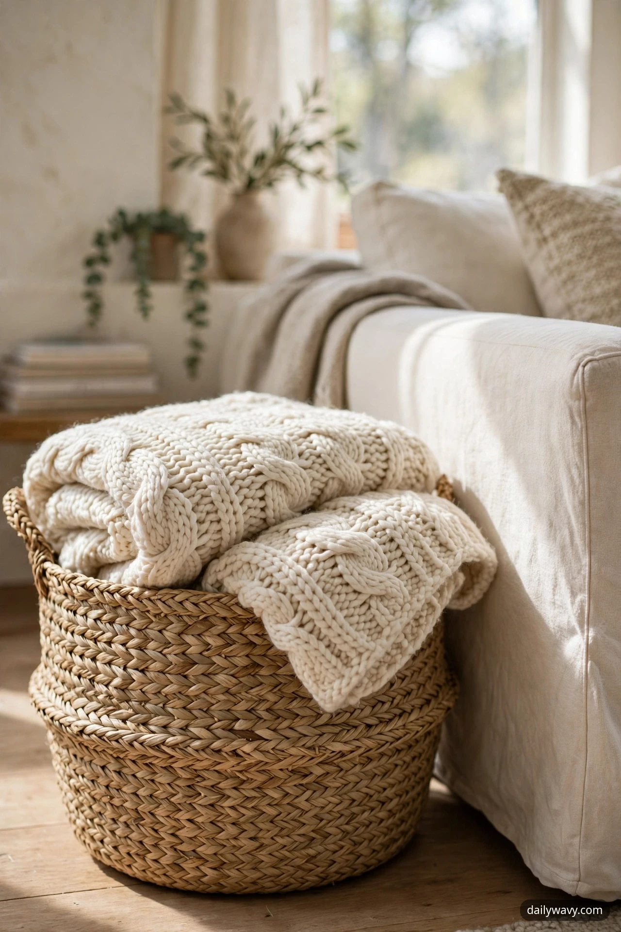 A woven seagrass basket filled with a folded chunky cream cable-knit blanket sits on a light wood floor against the arm of a cream sofa