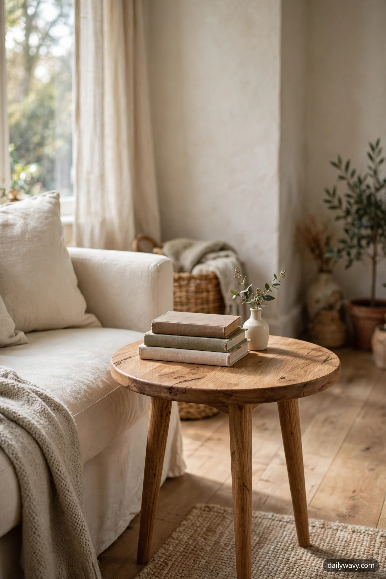 A small round wooden accent table with three tapered legs stands beside the arm of a cream sofa, holding a stack of three clothbound books and a small white bud vase with greenery