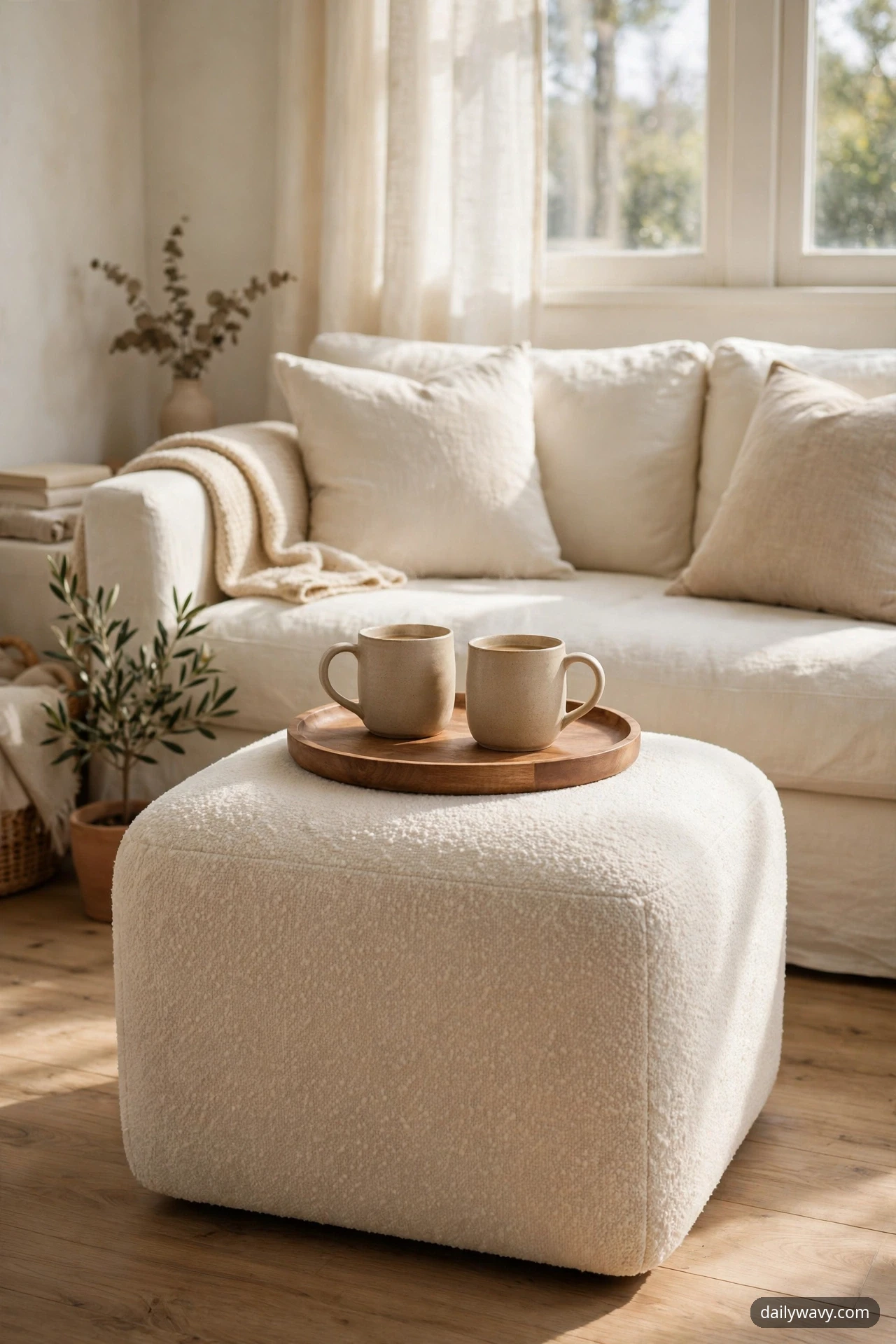 A cream boucle ottoman topped with a round wooden tray holding two beige ceramic mugs stands in front of a cream sofa with cream cushions and a draped throw