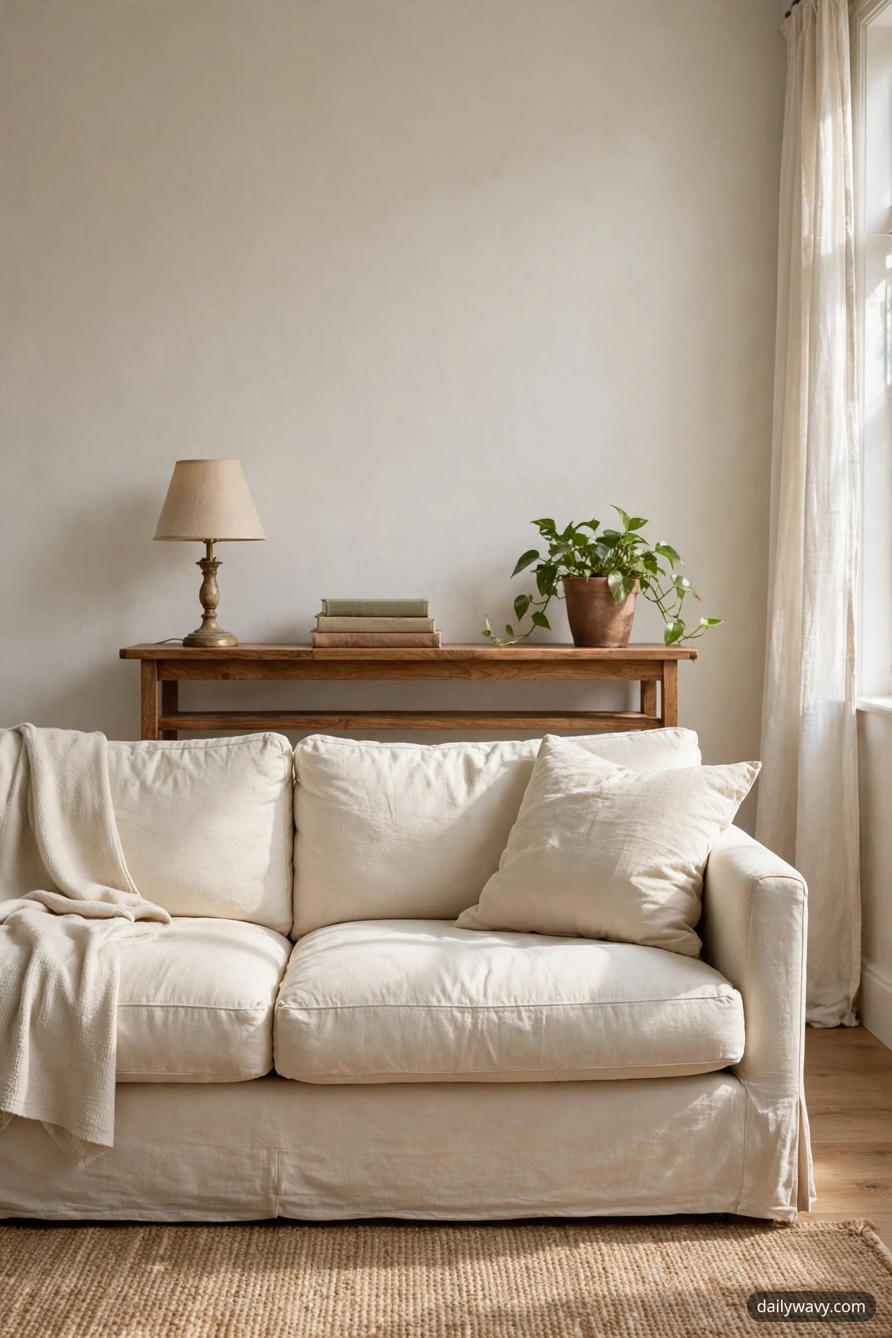 A narrow wooden console table stands behind a cream sofa and holds a small table lamp with a beige shade at one end, a stack of books in the middle and a trailing green plant in a terracotta pot at the other end