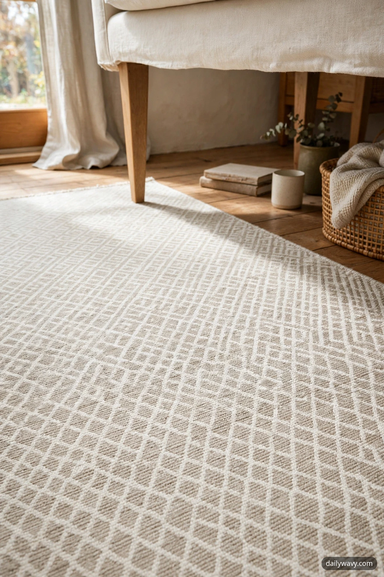 A close-up view shows an ivory and greige flatweave rug with a subtle diamond pattern spread in front of a cream sofa, with one wooden front leg of the sofa resting on the rug