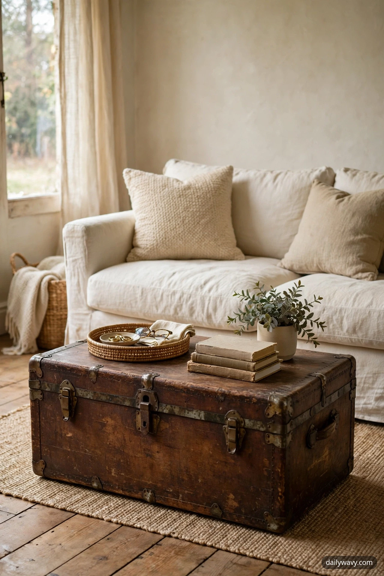 A vintage dark brown trunk with metal corners, straps and latches serves as a coffee table in front of a cream sofa, topped with a woven tray, a stack of three books and a small potted plant