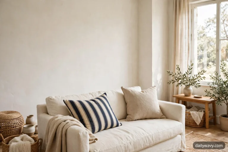 A wide view shows a cream sofa styled with a navy and cream wide-stripe lumbar pillow beside a solid oatmeal linen pillow and a beige knit throw draped over one arm, with woven baskets and pottery on the floor to the left and a wooden bench holding a vase of olive branches beside a curtained window to the right