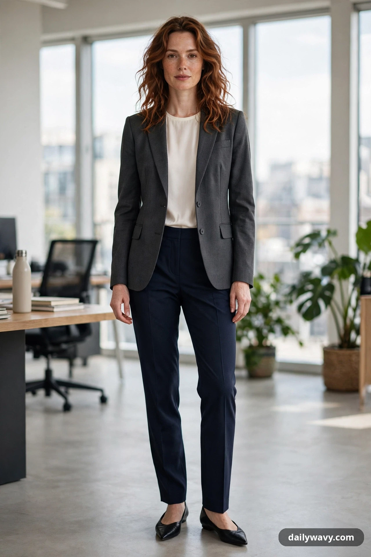 A closer view shows a woman wearing a charcoal structured blazer open over an ivory crew-neck top, with navy tailored trousers and black pointed flats in a bright office.