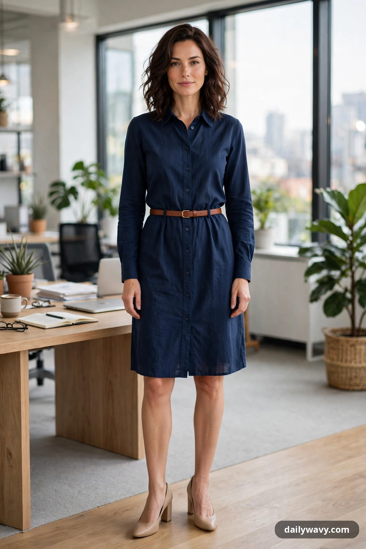 A woman wears a navy long-sleeve shirt dress cinched at the waist with a thin cognac leather belt, paired with nude block-heel pumps in a bright office.
