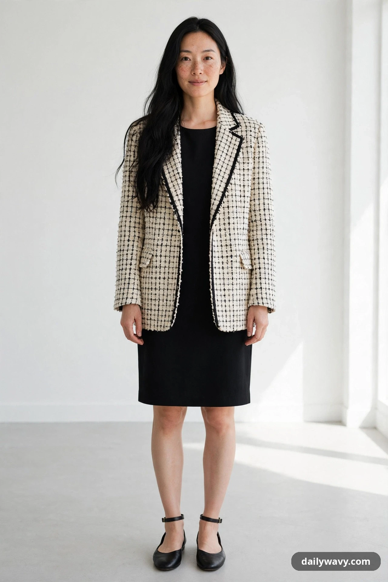 A woman wears a cream-and-black tweed blazer open over a plain black knee-length dress, with black ankle-strap flats against a plain white background.