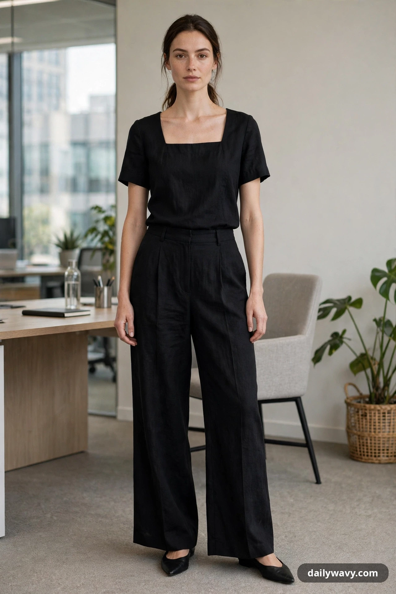 A woman wears a black short-sleeve square-neck top tucked into black wide-leg trousers, with black pointed flats in a modern office.