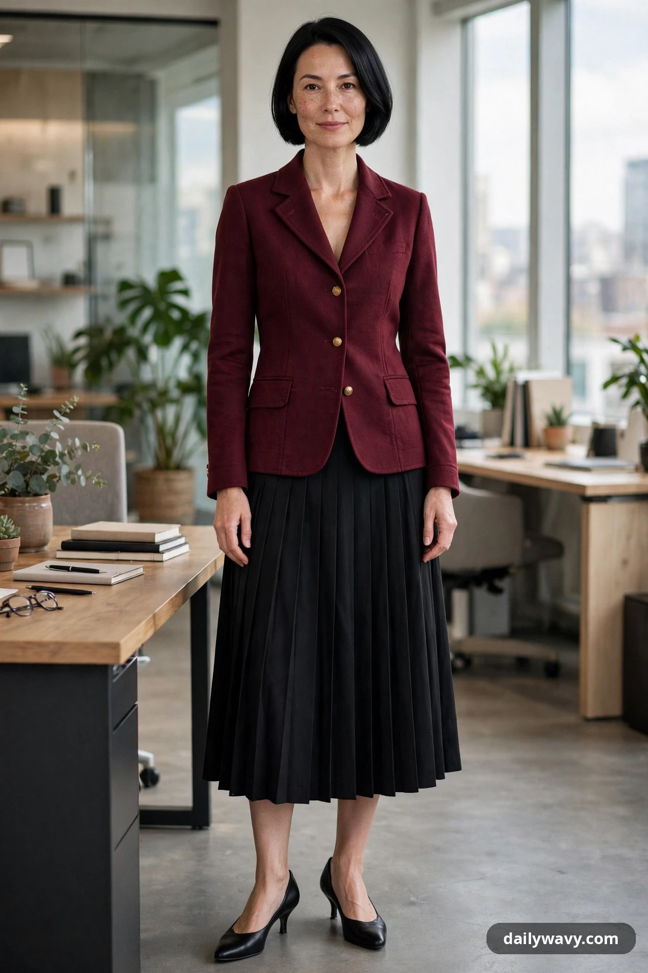 A woman wears a burgundy tailored jacket buttoned over a black pleated midi skirt, finished with black kitten heels in a bright office.