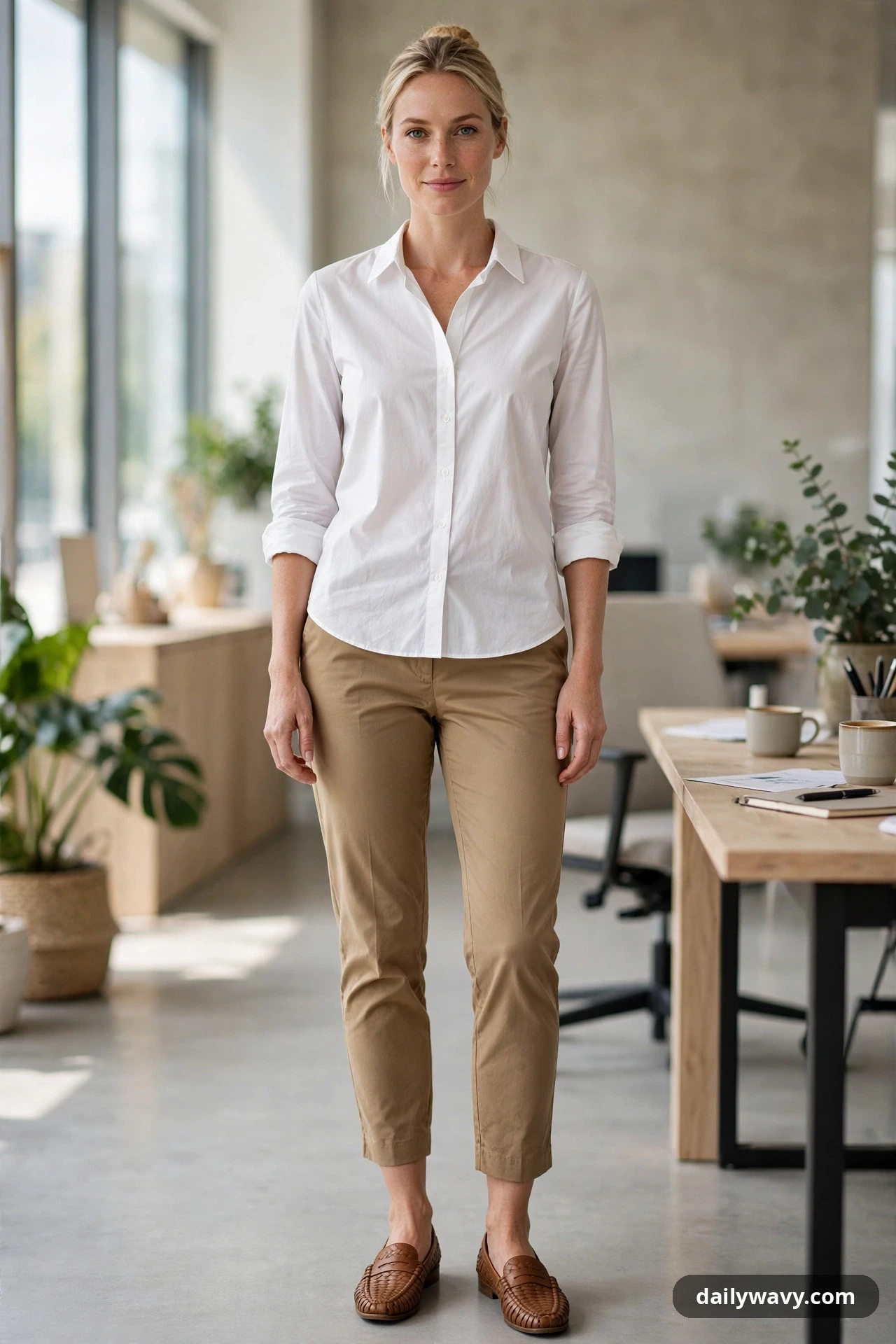 A woman wears a white button-down blouse with rolled sleeves over tan cropped tapered trousers, paired with brown woven loafers in a bright office.