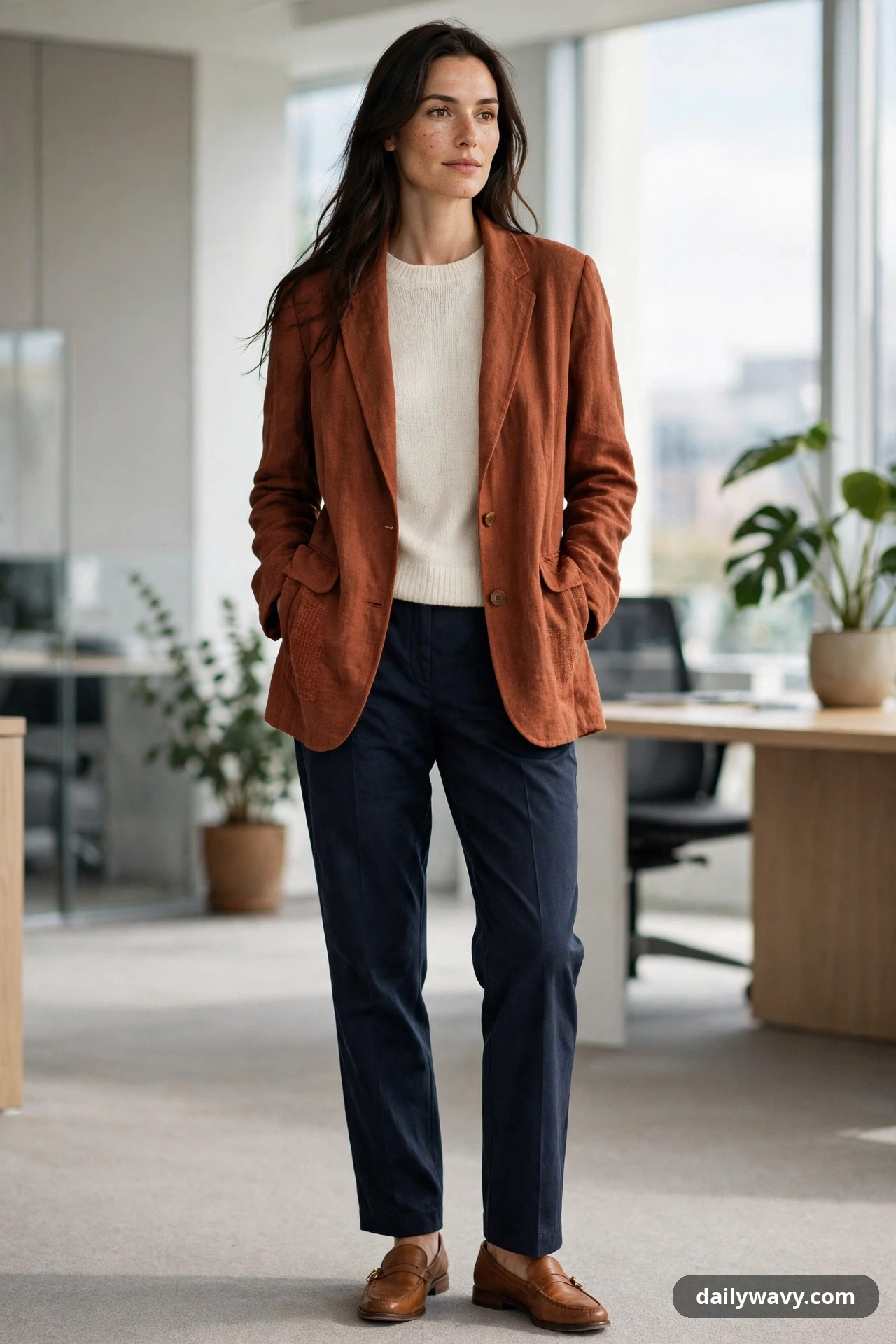 A woman wears a rust relaxed blazer open over an ivory crewneck knit sweater, with dark navy straight trousers and tan loafers in a bright office.